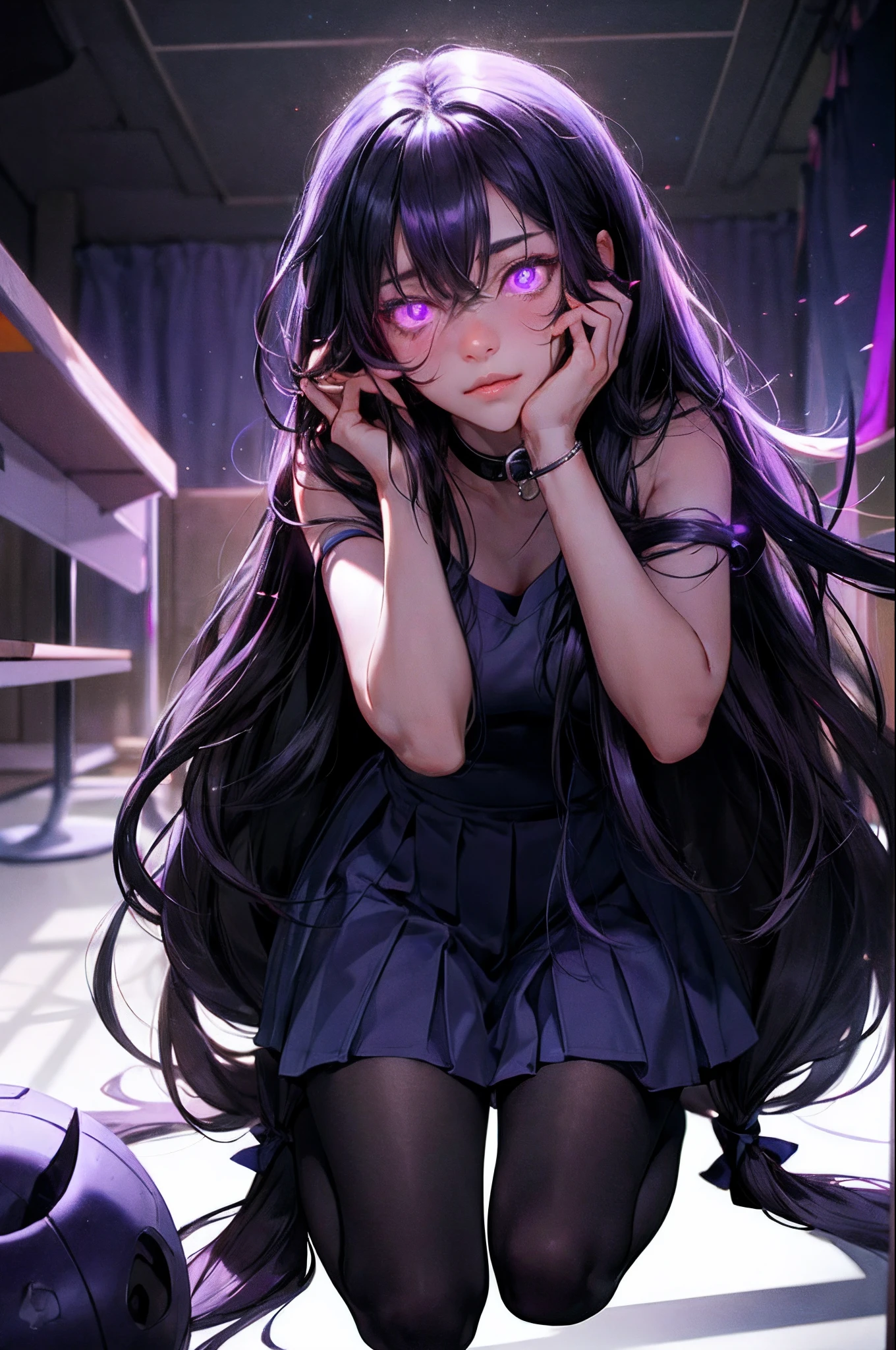 (1girll, Long hair, Collar, Purple eyes, Glowing, Glowing eyes, Multiple eyes, Horror \(Theme\), nose blush) (the number) (Kneel in the detailed classroom, (Hantian)) , Best quality, Crazy nothingness