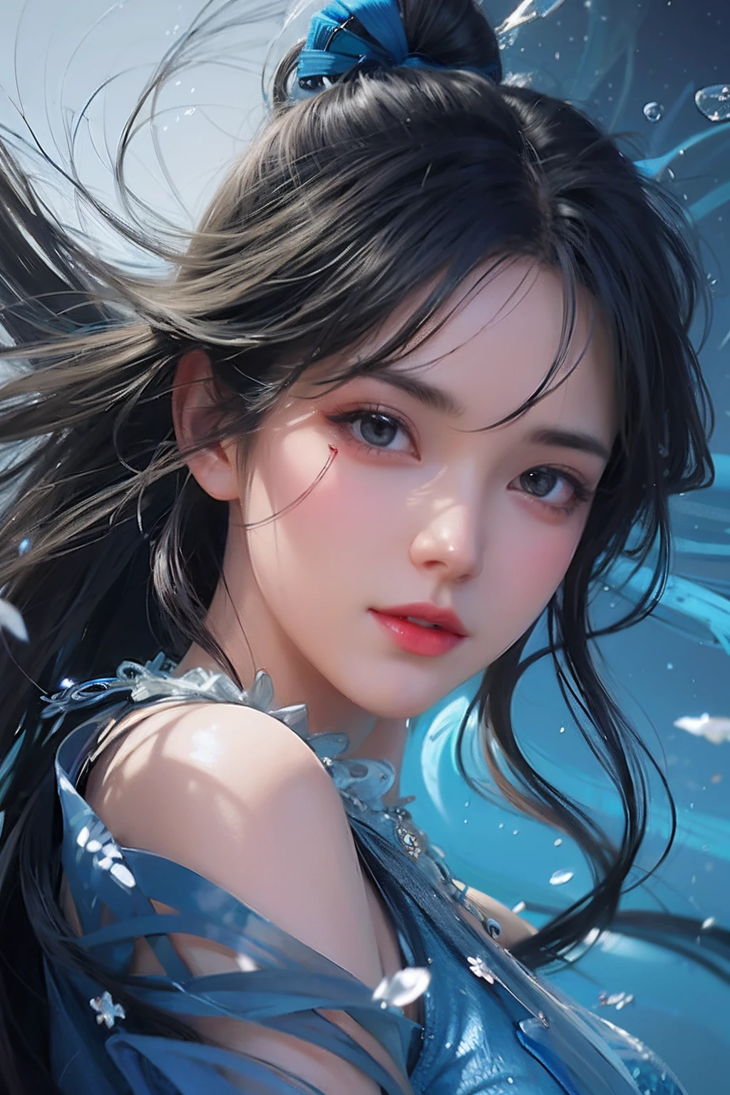 a close up of a woman with long hair and a blue dress, Realistic cute girl painting, Guviz-style artwork, a beautiful anime portrait, Stunning anime face portrait, by Yang J, trending on cgstation, yanjun cheng, Beautiful character painting, Chinese girl, By Li Song, inspired by Yanjun Cheng, Realistic. Cheng Yi
