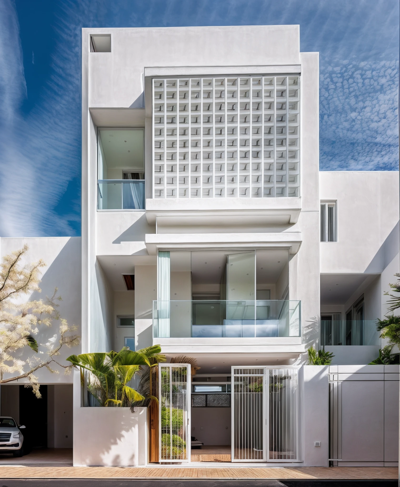 RAW photo,Masterpiece, high quality, best quality, authentic, super detail, townhouse, modern house with (white wall:1.2), glass windows, railing glass, gate, fence, car(square air hole:1.1),tropical trees, day, ((beautiful sky)), (high detailed :1.2), 8k uhd, dslr, soft lighting, high quality, film grain, Fujifilm XT3