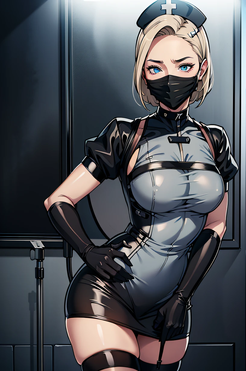 black nurse, 1womanl, Nurse, Nurse Cap, Blackware, ((Black legwear, zettai ryouiki)), Black Elbow Gloves, Blonde hair, Blue eyes, ((Black surgical mask, Cover the nose)), Standing, ((surgery room)), sharp outline, Short sleeves, a matural female, 35 year old, Best Quality, masutepiece