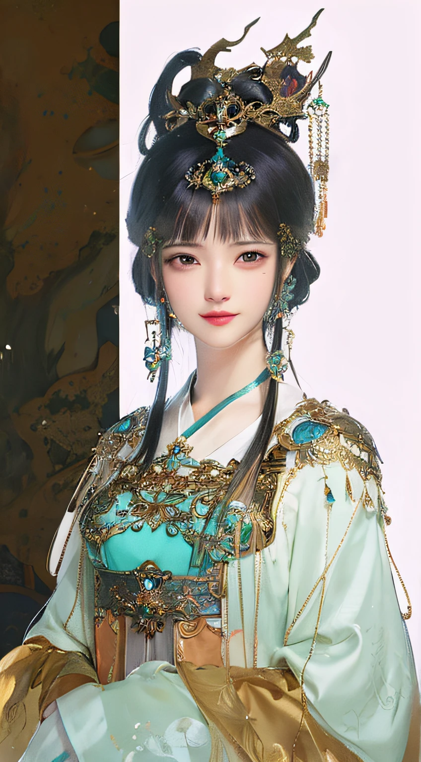 Painting of a woman in a green dress with a gold headpiece, palatial palace , a girl in hanfu, ancient chinese princess, beautiful character painting, guweiz, Inspired by Lan Ying, artwork in the style of guweiz, inspired by Qiu Ying, ((a beautiful fantasy empress)), a beautiful fantasy empress, Ancient Chinese Art Style, chinese princess, good quality, anime