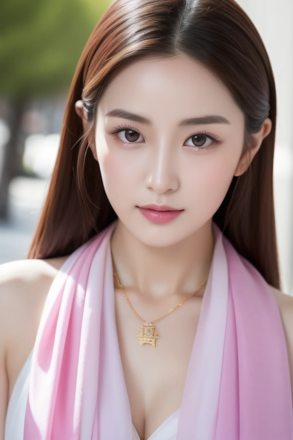 Close-up of a woman wearing a silk scarf and necklace, a pastel inspired by Huang Ji, Instagram, tachisme, gorgeous chinese models, She was about 28 years old, she is about 30 years old, 8k selfie photograph, She was about 32 years old, Gorgeous young Korean woman, dilraba dilmurat, Scarf