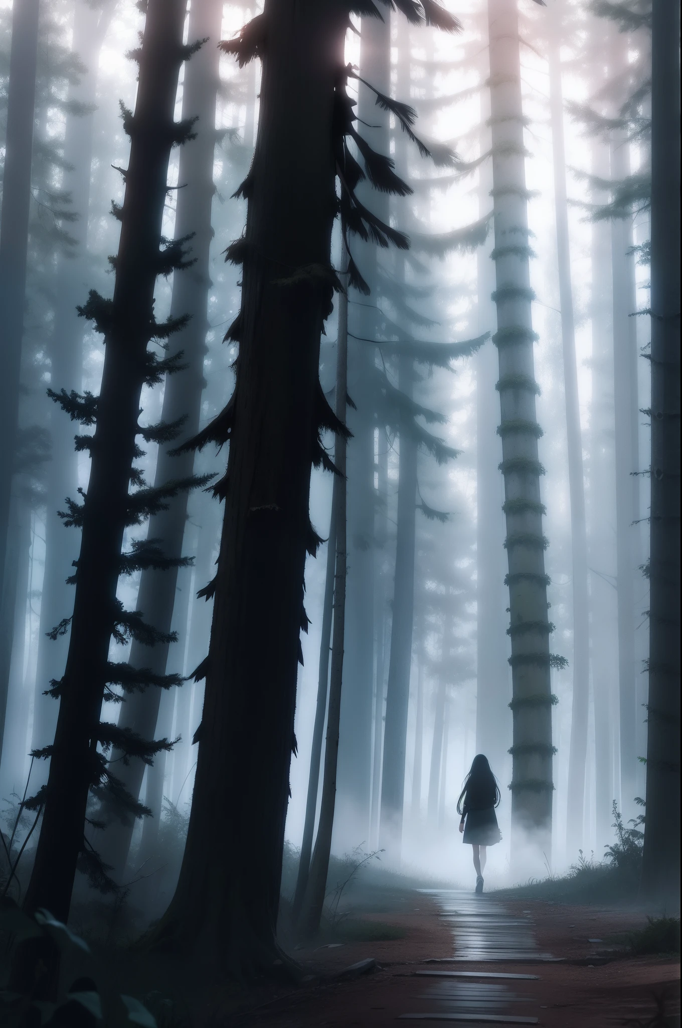 and natural beauty. BREAK , Illustrate a colorful world to convey depth, emotion, and a striking visual impact. ((Photo realistic)), ((impressive)), a small indistinctive cool lady shadow walking on the forest path, (((strong fog))), unfocused background