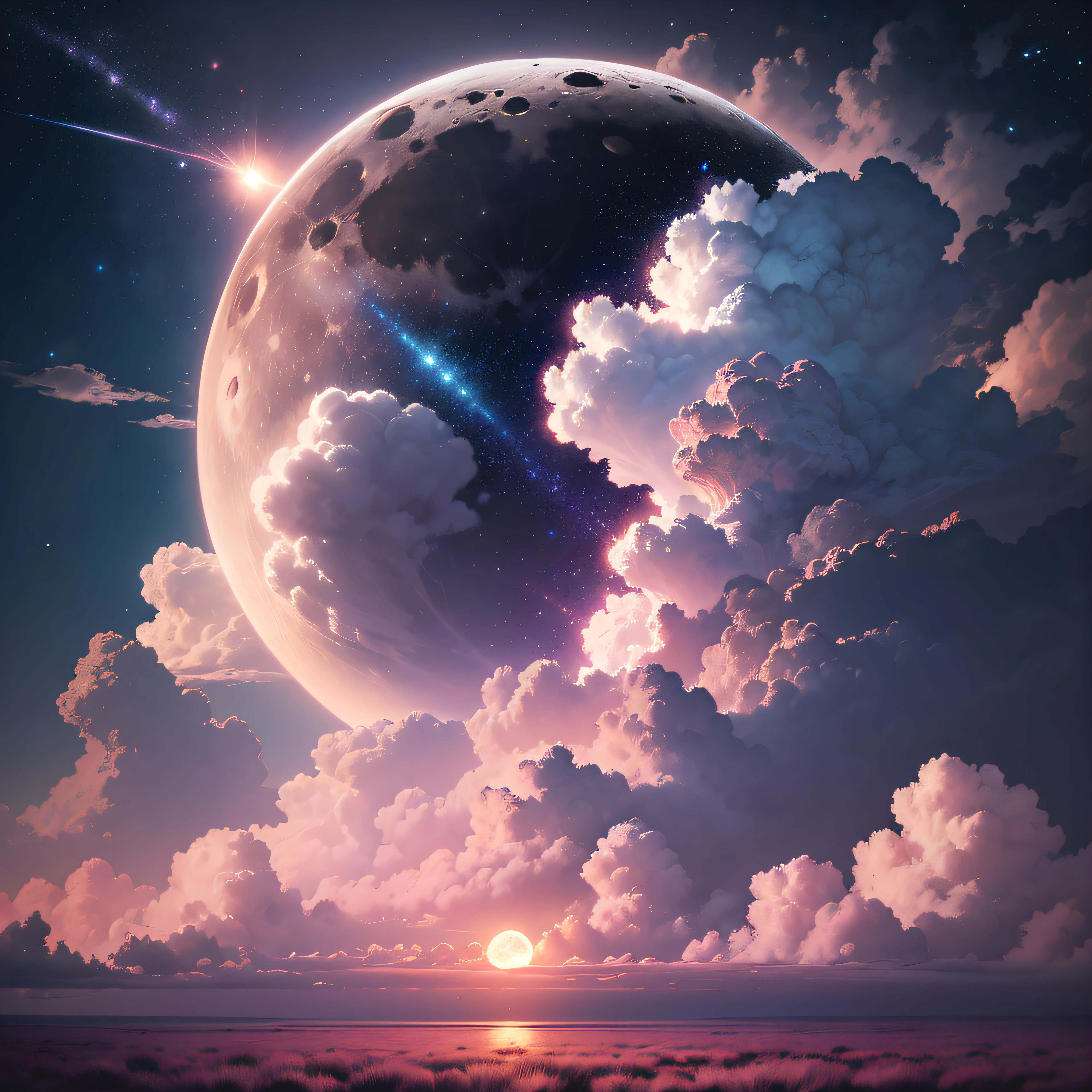 Beautiful and dreamy, the moon, clouds, starry sky, pink tone, big scene no one