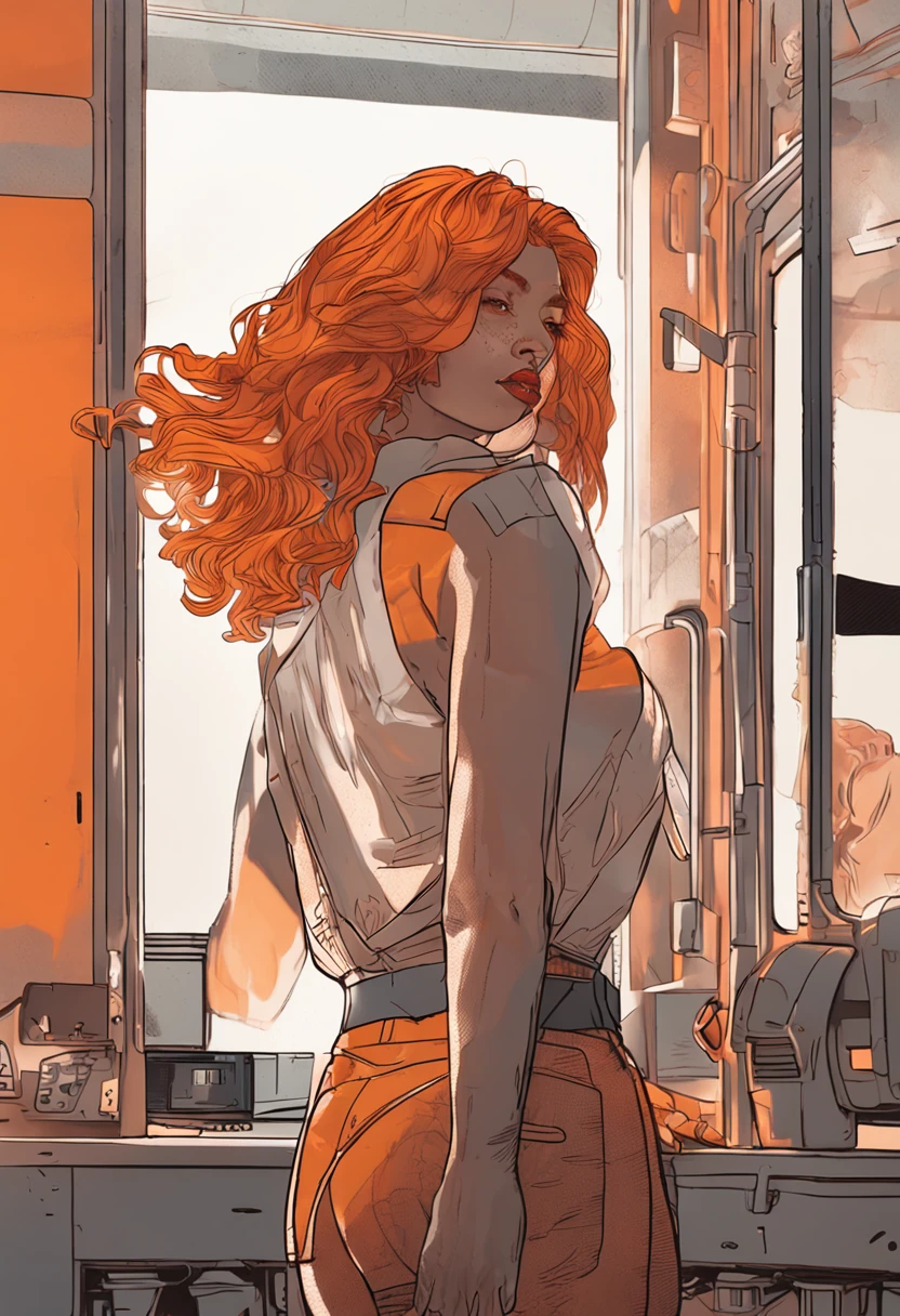 Natural redhead woman, mistic, Simulating horror, Inkjet printing, Polaroid, Octane rendering, Soft focus, Badge, Orange colors, hallyu, Golden hour lighting, Ultra-realistic intricate details, finely detailed, Automotive interior design, rendering by octane, 8K
