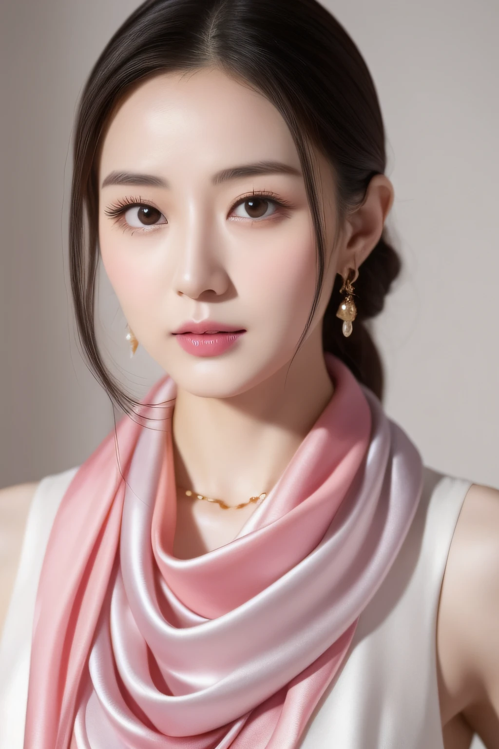 Close-up of a woman wearing a silk scarf and necklace, a pastel inspired by Huang Ji, Instagram, tachisme, gorgeous chinese models, She was about 28 years old, she is about 30 years old, 8k selfie photograph, She was about 32 years old, Gorgeous young Korean woman, dilraba dilmurat, Scarf