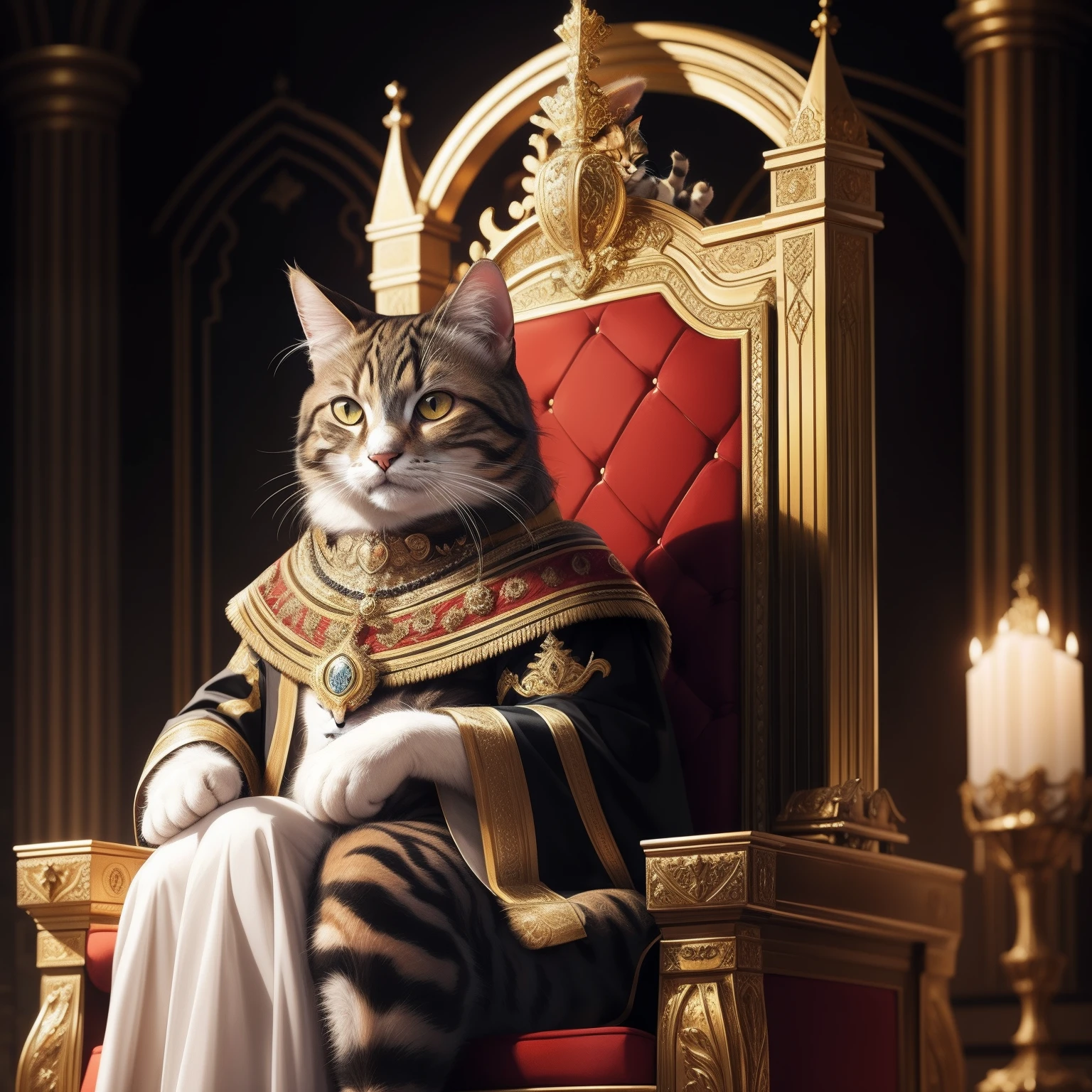 Cat Portrait,King Cat Portrait,Reall Cat Portrait sitting on a throne, cat Portrait Royal, realistic, high detail, 8k