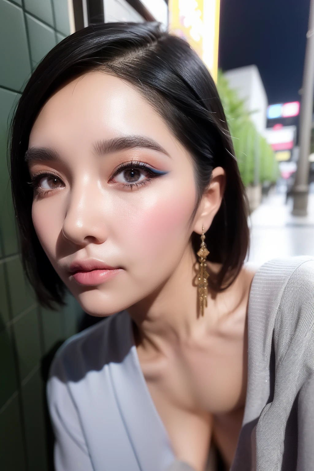 Beautiful girl, half-body portrait, Bright blue messy short hair, black eyeshadows, (street style wear:1.2), (urban backdrop:1.2), dark make-up, Digital art, trending on artstationh, Highly detailed, finedetail, Intricate, beautiful detailed glow, Detailed, Cinematic light, A high resolution, Detailed facial features,Sharp focus, smooth, Aesthetic,