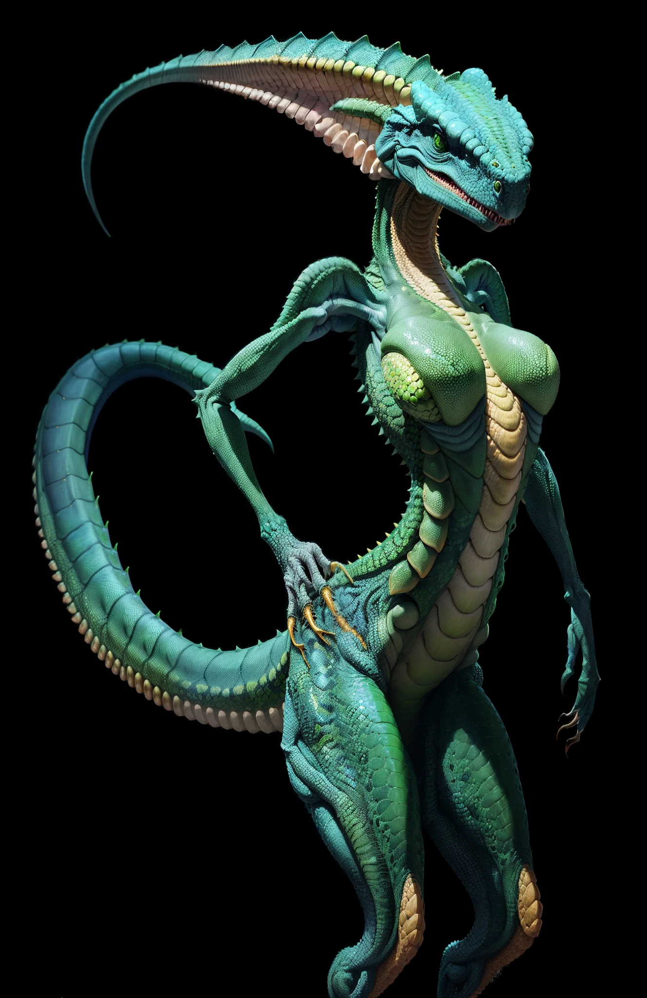 Female green colored reptilian alien with long-tailed photorealism