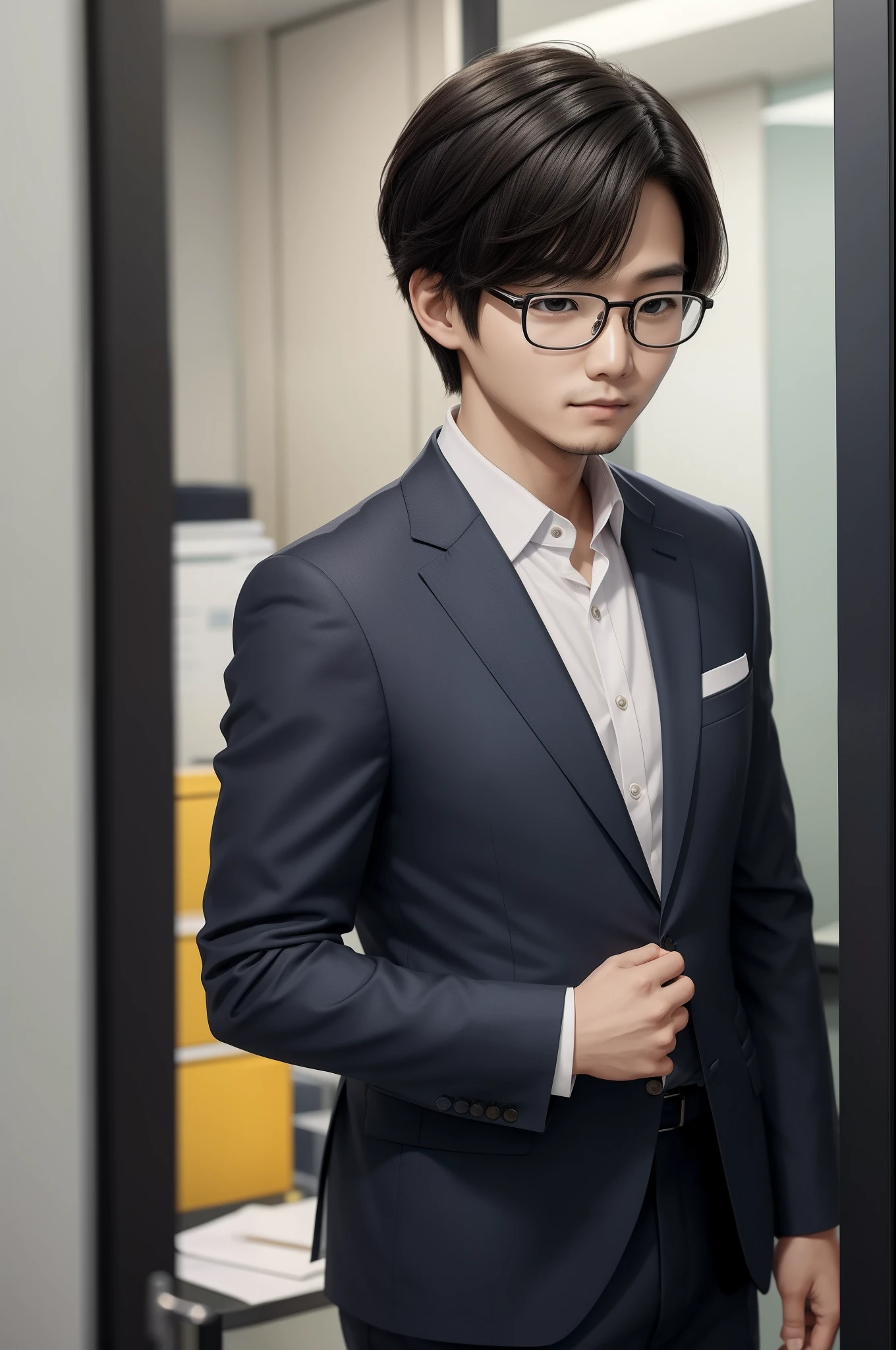In men、Wearing glasses、Dress in a suit、Short hairstyle、Seriously.、With room、Be someone you can trust、Being in the office