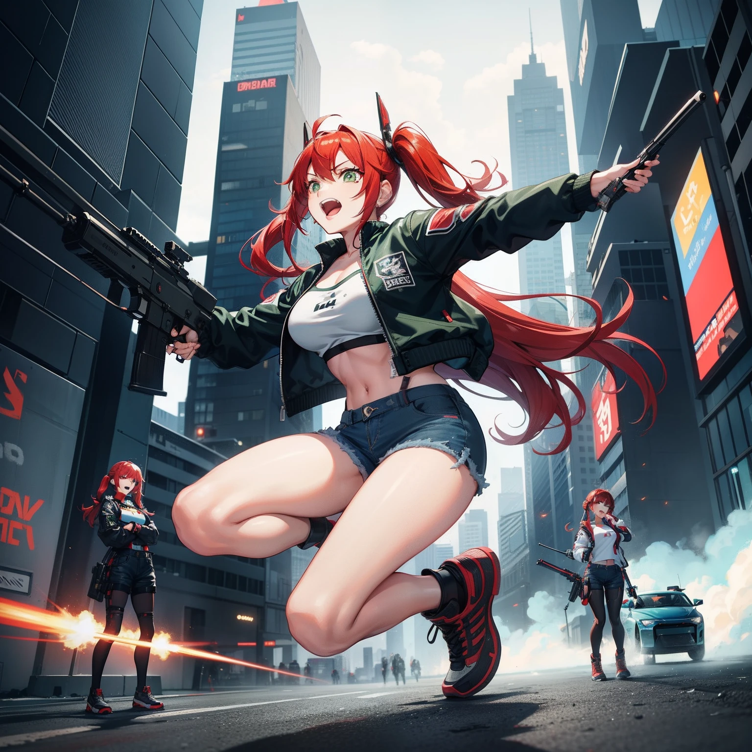 Full body shot, female asian Irina Shidou red hair twintails green eyes, in a cyberpunk city, wearing a bomber jacket and crop top and denim shorts, standing next to a Nissan GT-R, holding a big machine gun, holding a long laser rifle, shooting laser rifle, shooting lasers up at the sky, missile strike, rocket launch, rapid fire, explosions, running and jumping, open mouth, screaming, frontal shot, side shot, rear shot, back shot, behind shot, masterpiece, highly detailed