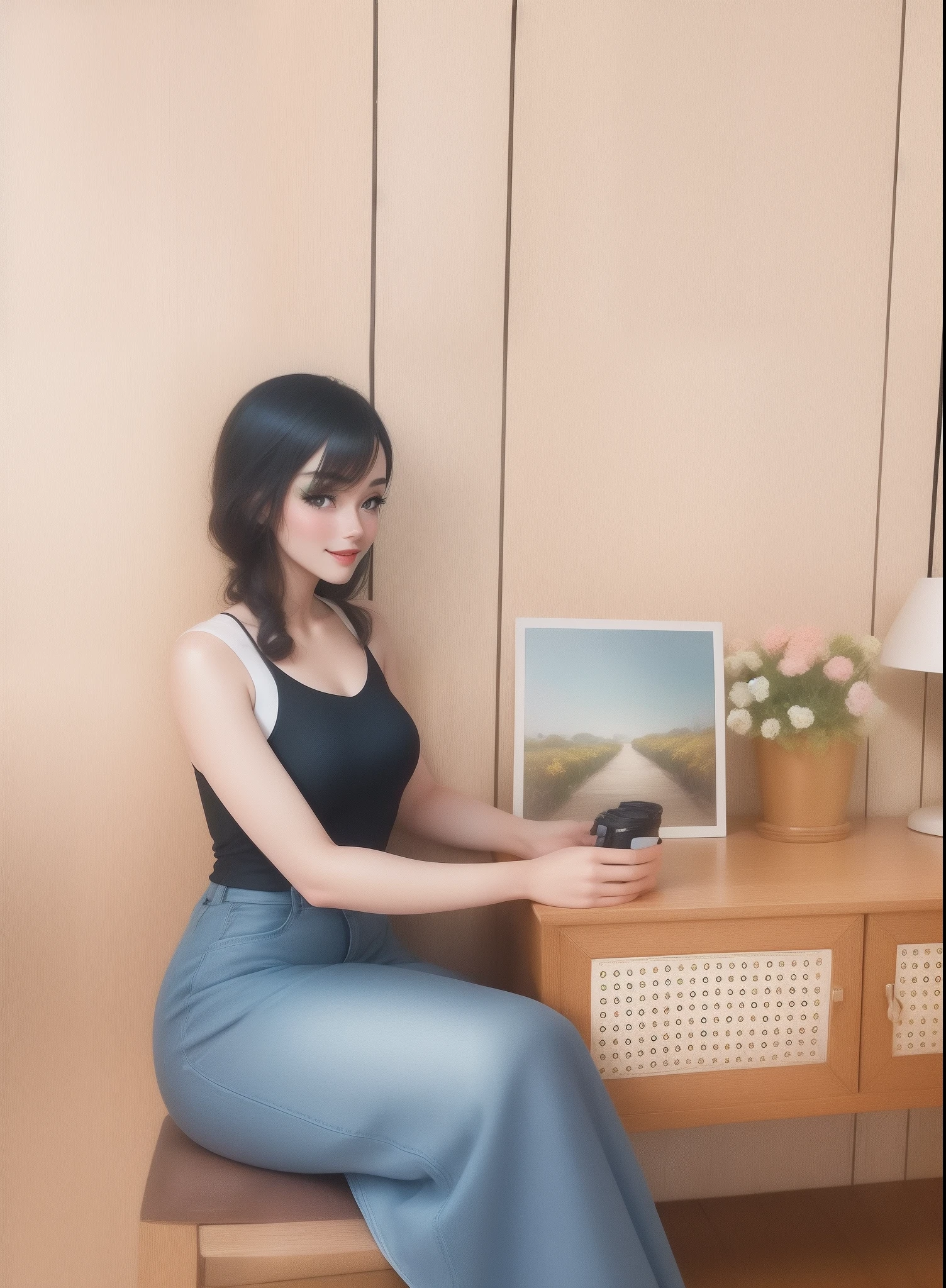 Realistic anime, Colorful Anime、the color of the dress or the color of the clothes is as advertised in professional magazines, Hair style metallic red or green nuggets, iridescent eyebrows, beautiful glitter, attractive curves, smiling shyly, dimpled cheeks, genuine, shy smile, dimpled cheeks, bright red lips, bright scene, background bokeh, candy green tree lines, white human skin, bright, realistic face, like a professional portrait, DSLR.