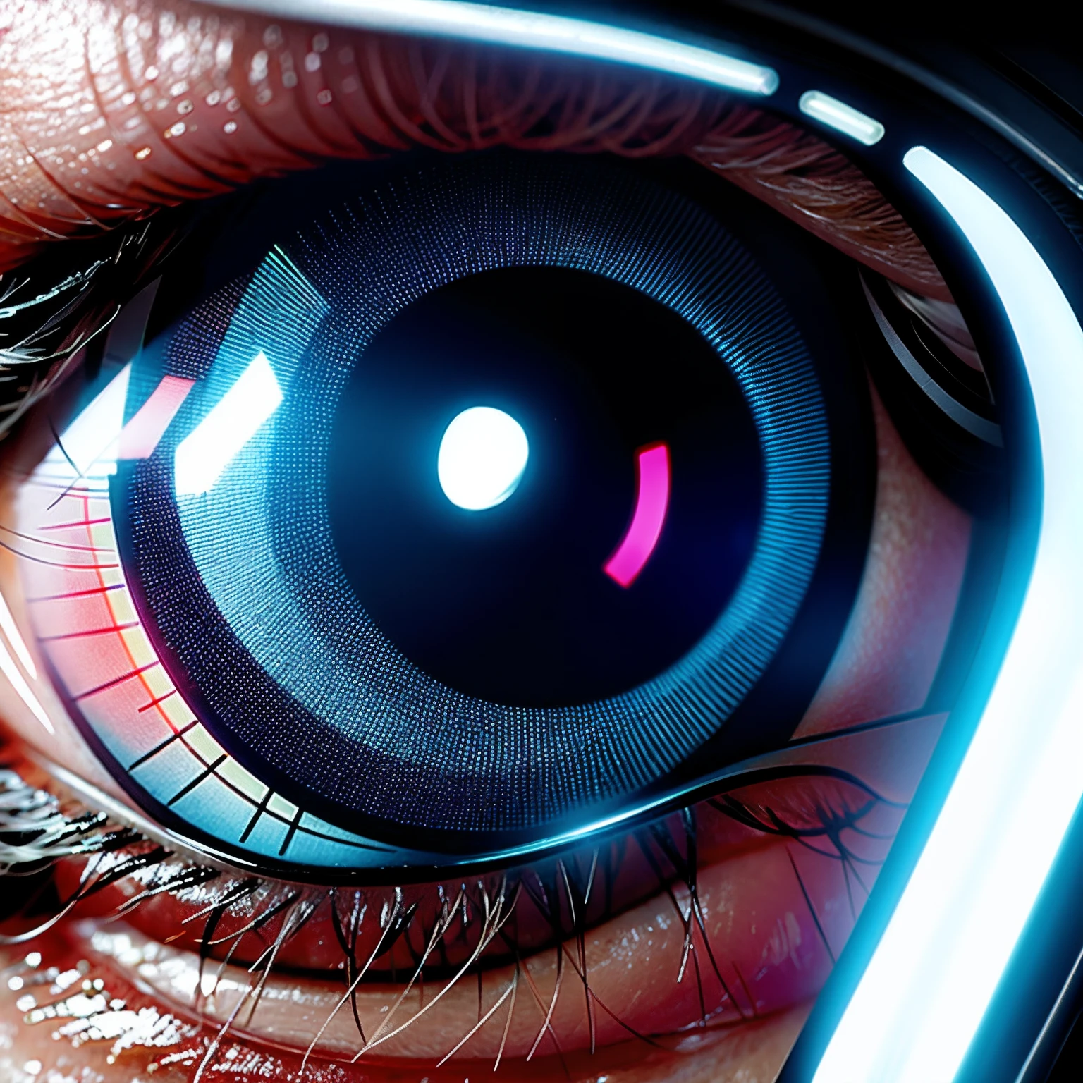 Eye storm  extreme close up ,more details ,  reality scene , cinematic , dramatic light , cyberpunk , Morphism , neon