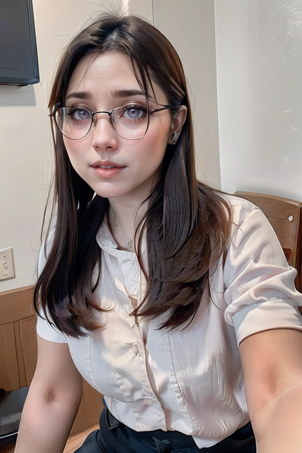 realistic, best quality,<lora:hyoon-v2:0.8>, hyoon, white shirt, glasses,