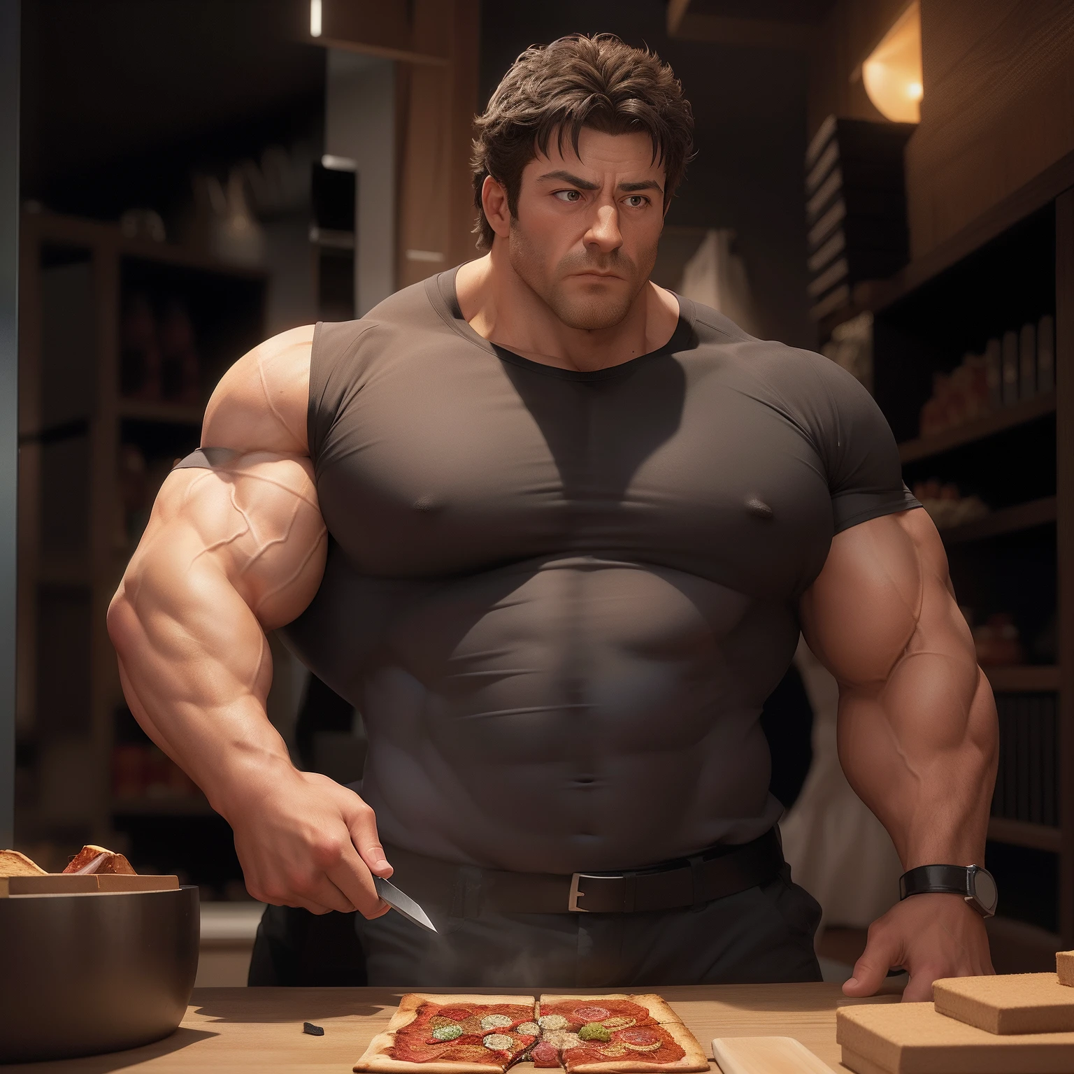 arafed man in a black shirt standing in front of a table with a knife, cutting meat and eating pizza, pizza,  meat, muscular character, exaggerated muscle physique, large muscles, big muscles, big muscle, muscular characters, massive muscles, buff man, huge muscles, absurdly massive physique, arnold 3 d render, arnold 3d render, arnold maya render, big arms, hyper realistic illustration