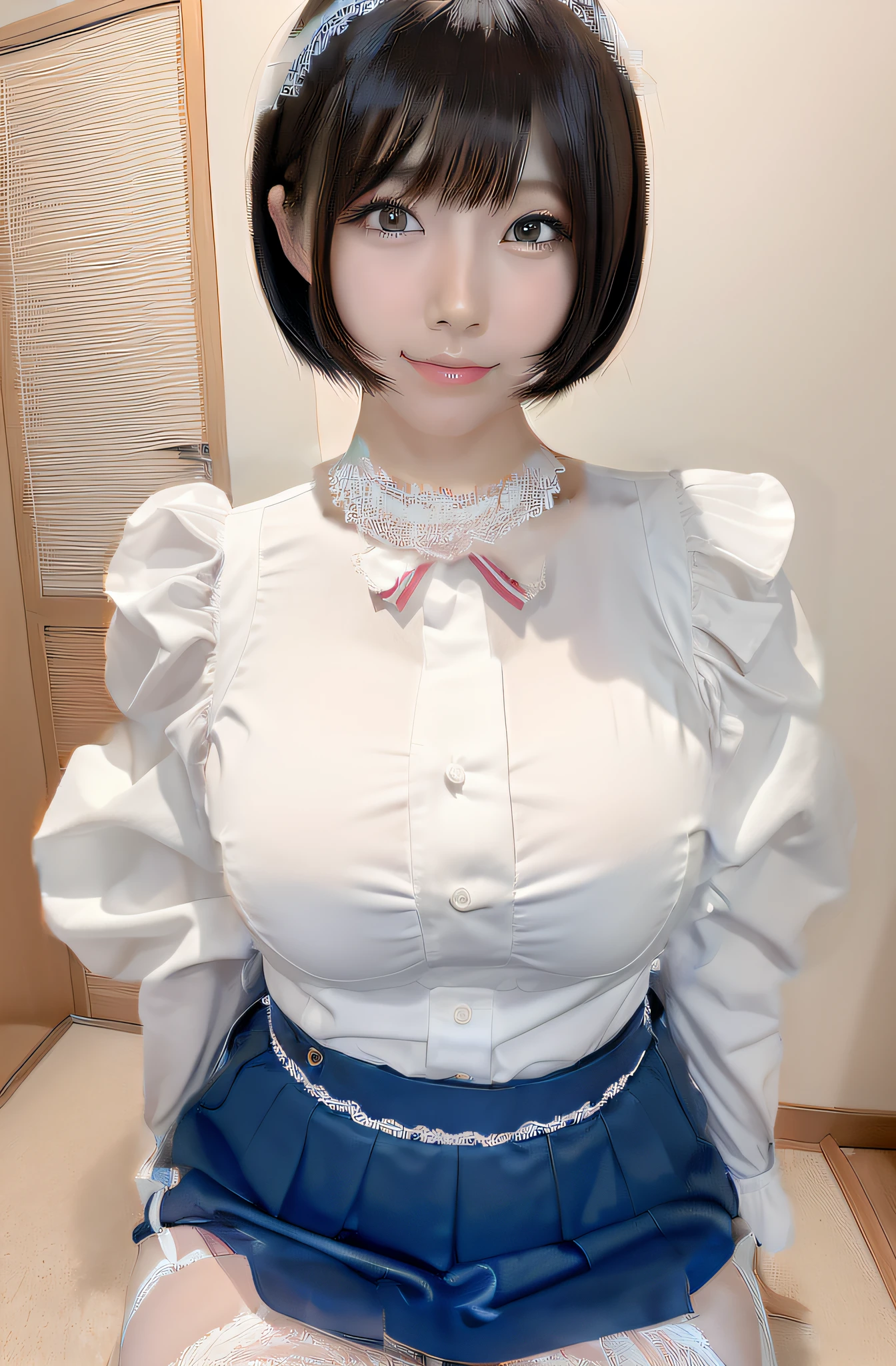 Maid clothes of the same color as the skirt、Cute white blouse in the center、emphasis on breast size、Maids