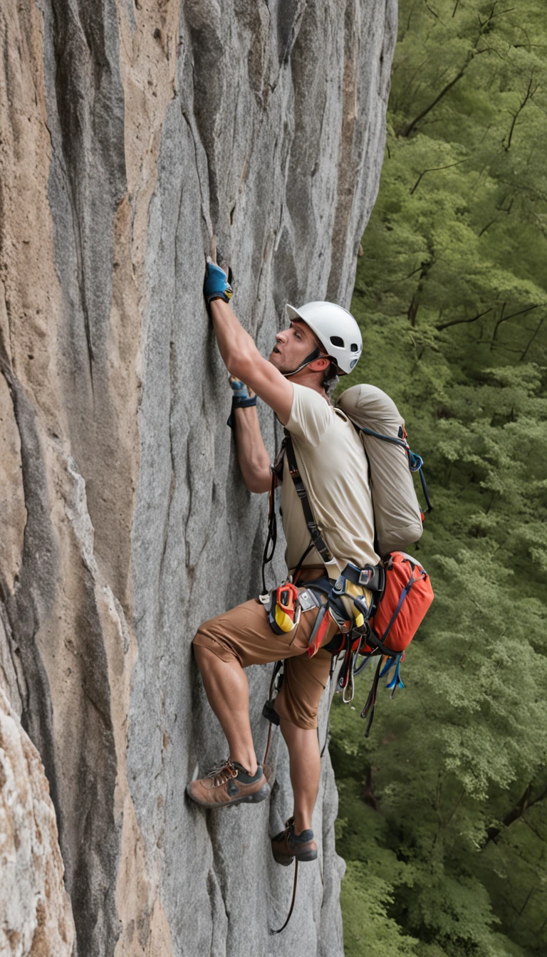 Climber climbing a very steep rocky escarpment