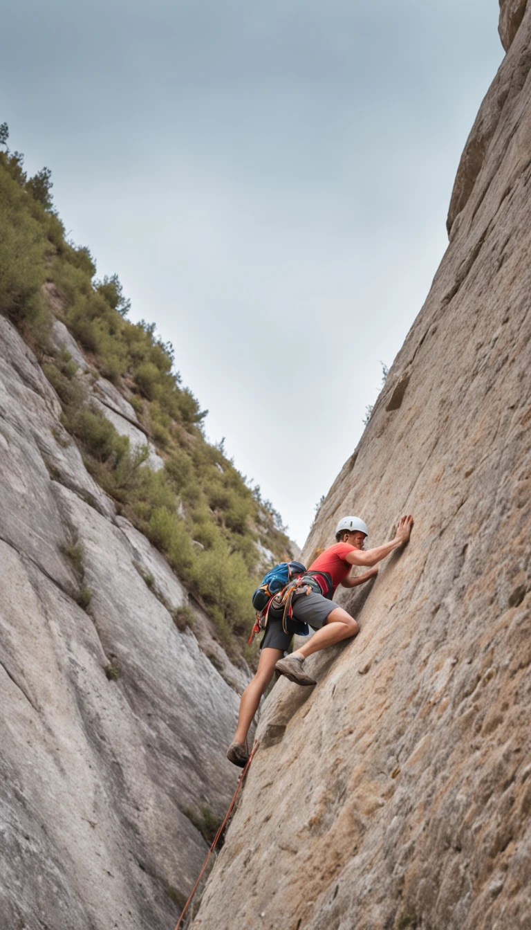 Climber climbing a very steep rocky escarpment
