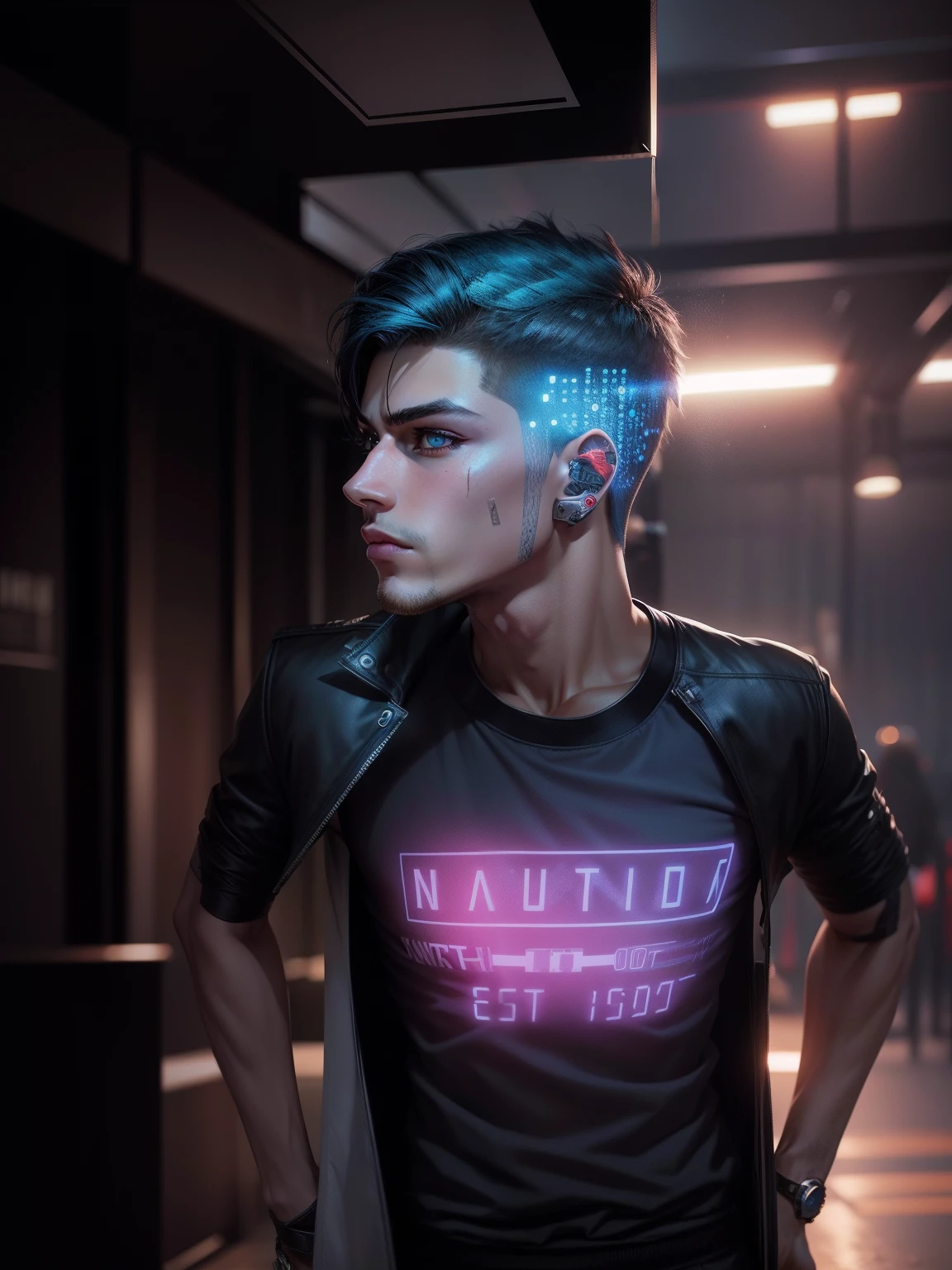 Change background to cyber punk handsome boy with ultra realistic face don't change face with a watch on hand