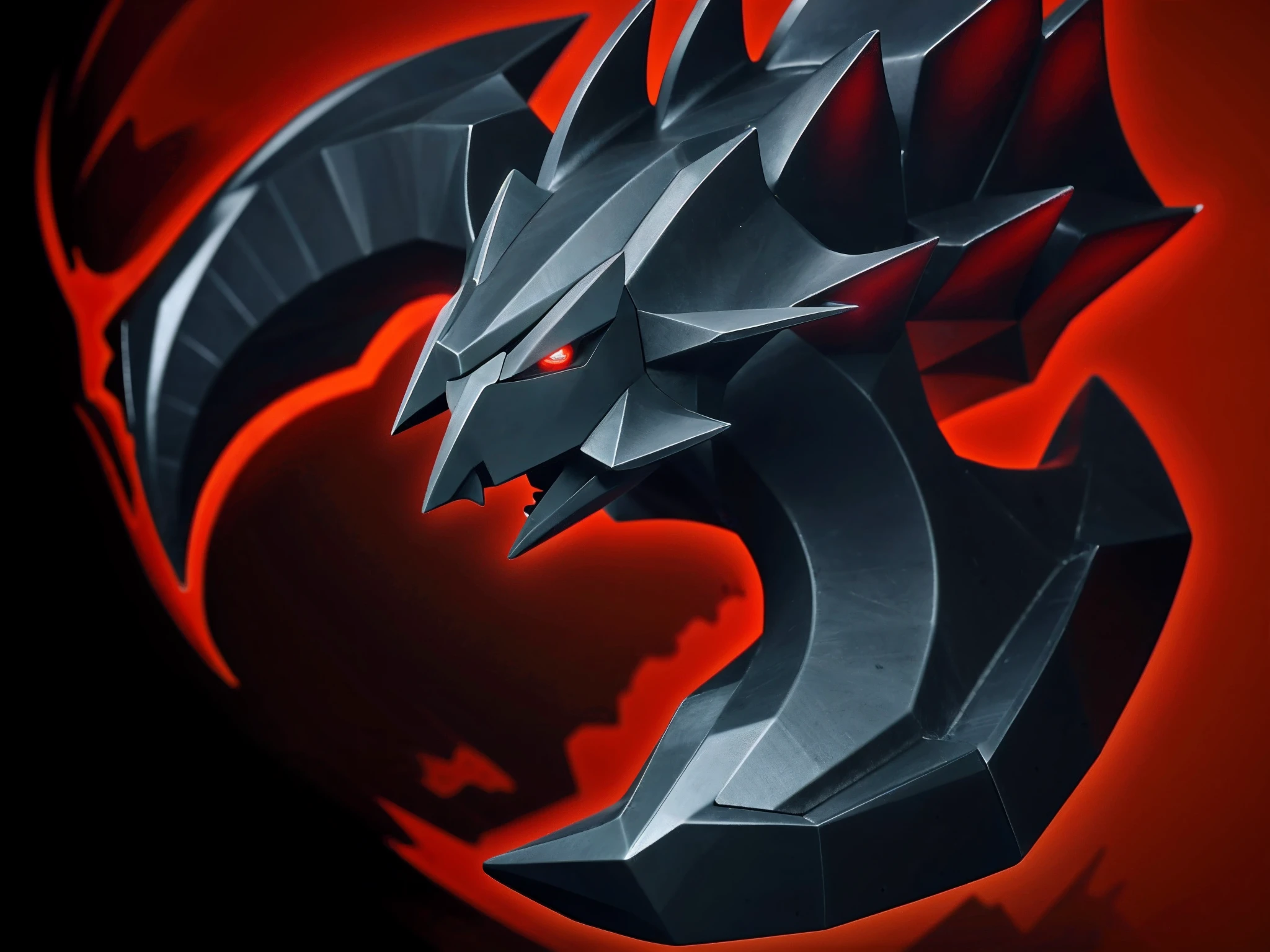 A close-up of a strange black object，The spine protrudes from two black sharp corners，It emits a blood-colored glow，Black bone，obsidian，The surface has dragon scale-like lines