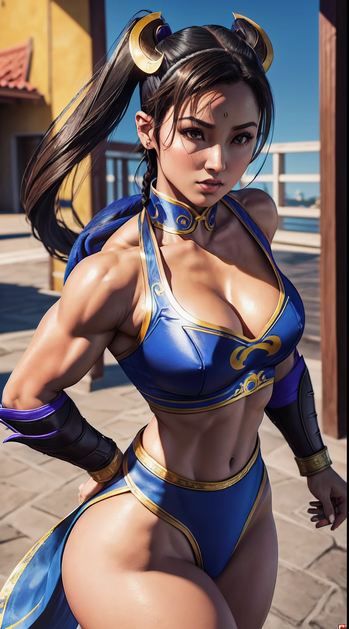 ((mulher baseada na personagem chun li)), seios grandes, medium hips, ((ultra realista)), TM Ninja branco, Icons, cores vibrantes, estilo vetorial, arte digital, 4k, detalhes intrincados, hipnotizante, feito profissionalmente, beautiful vector illustration, 12k resolution, ..3d, todos os caracteres detalhados em comprimento total, ((altamente detalhado)), ((vibrante)),((Ultra alta qualidade)), ((hiperrealismo)), ((fotorrealismo)), [octan rendering] , na cidade, muitos carros (realista)