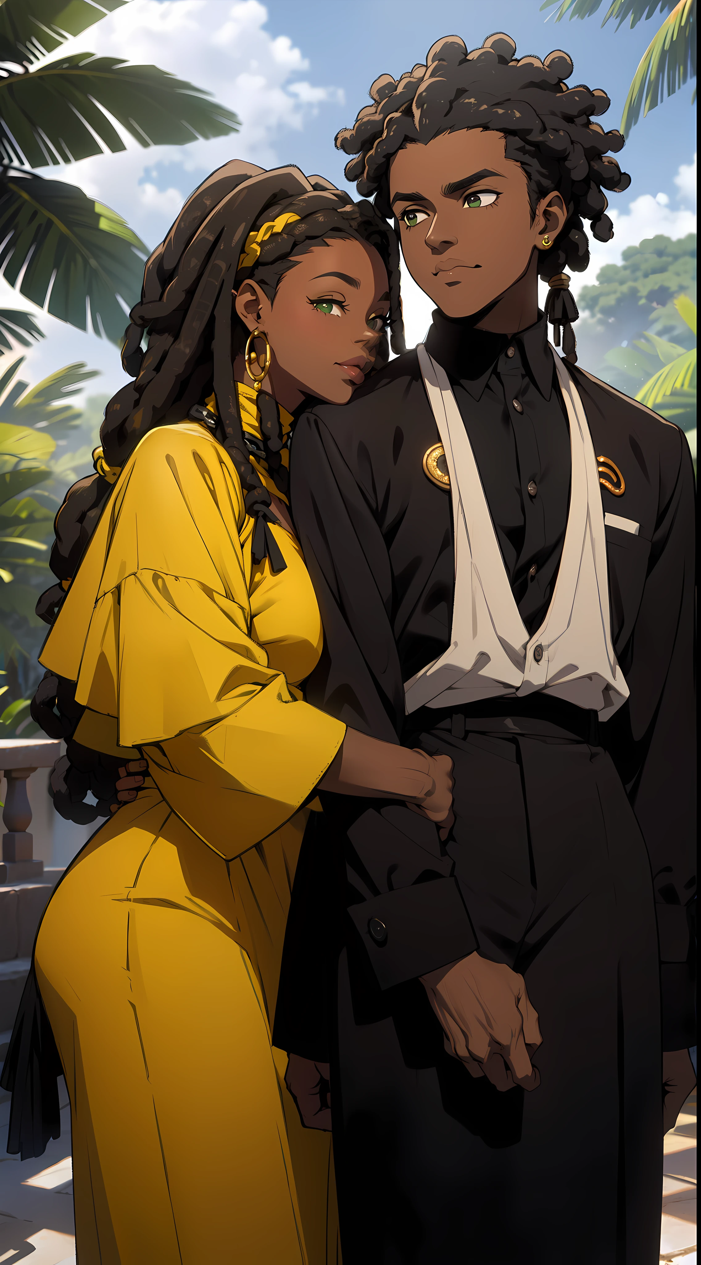 "Produza uma imagem de estilo anime que celebra o amor entre casais negros. A garota, pele negra, pele negra, pele negra 1.5,  with black leather and thin African braids, possui ((olhos verdes)) encantadores. Seu parceiro, {de pele escura e cabelos: 1,5}, ((Dreadlocks curtos)), tem olhos brancos expressivos. Ambos usam casacos largos com detalhes dourados, adding a touch of sophistication. Ambientada em um jardim, a cena retrata beijos apaixonados entre eles. Transmita a intensidade do amor eterno entre esses amantes negros, highlighting their unique characteristics and the romantic connection they share. Casaco {((camisolas estilosas, super na moda, super look))}".