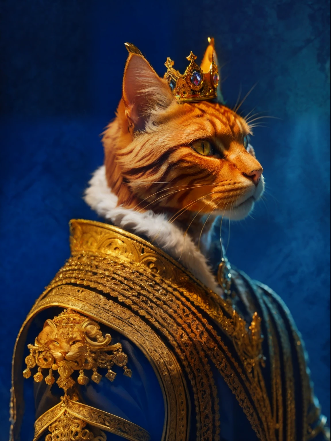 Fullbody portrait of wearing a crown majestic male ginger cat, ultra-detailed complex 3d rendering with porcelain profile, maximalist beautiful studio soft light, rim lighting, vibrant details, lace, hyper-realistic, hand, facial muscles, electric wires, microchip, elegant, beautiful background, octane