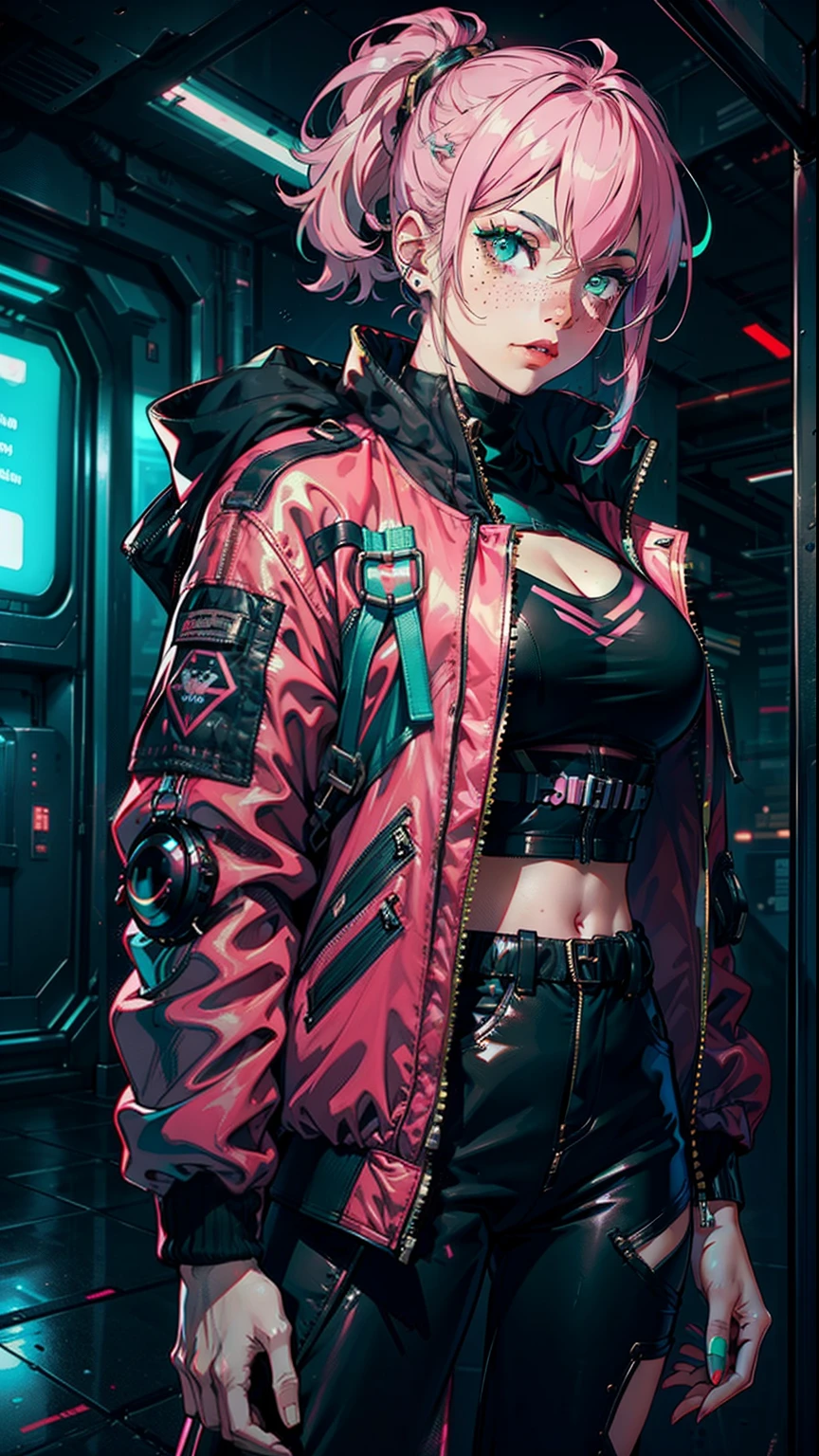 Beautiful cyberpunk girl, aviator jacket, bomber pants, black shirt, light pink hair, dark green eyes, freckles