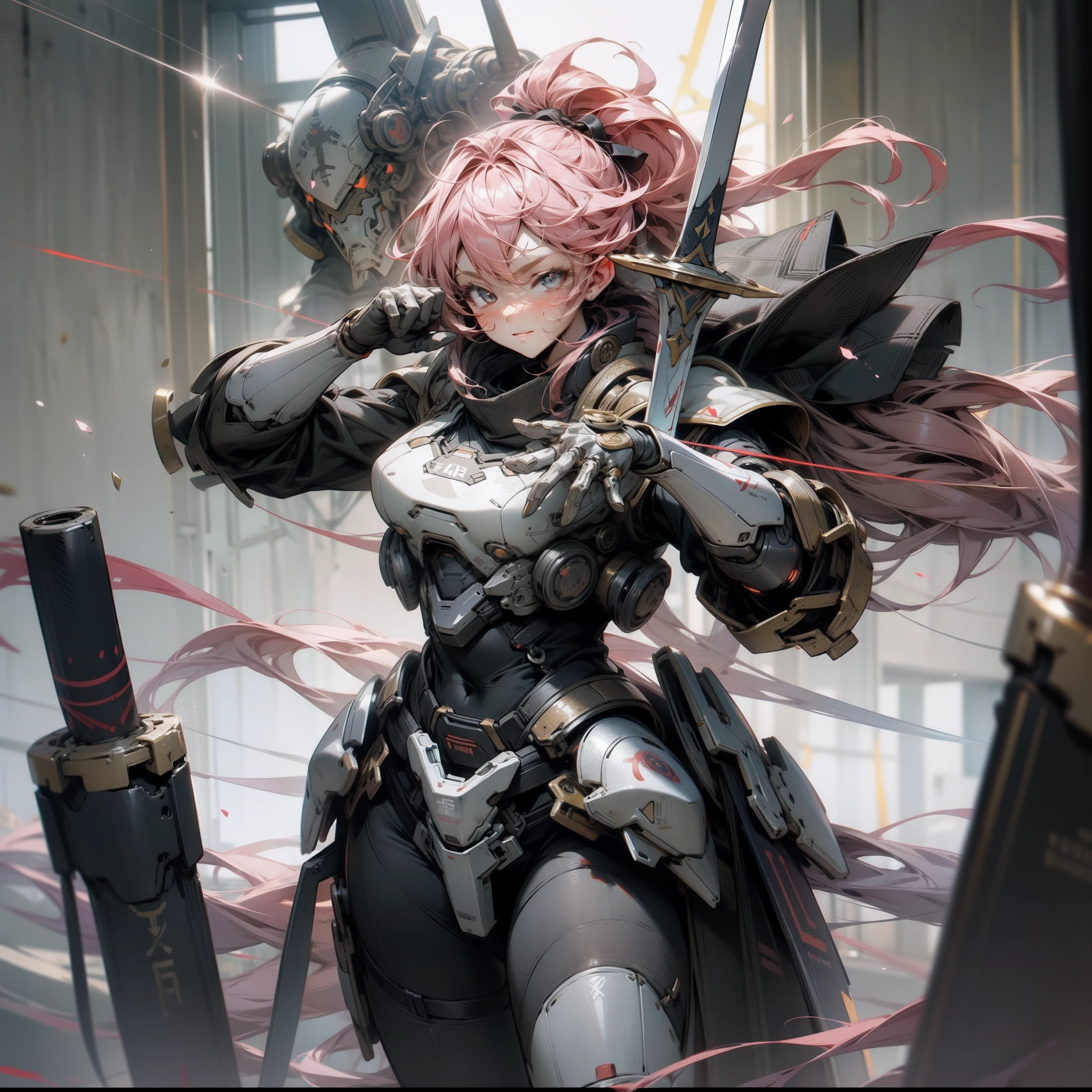 Centurion Warrior, Red and gray, Men and women working together, Man and woman side by side, Happy, celebrating, Anime-style girl with beautiful whole body, clean detailed faces, intracate clothing, analogous colors, Glowing shadows, beautiful gradients, depth of fields, CLEAN IMAGE, High quality, high detailing, High Definition, Luminous Studio graphics engine, Cute face, Heroic, Sword, Victory