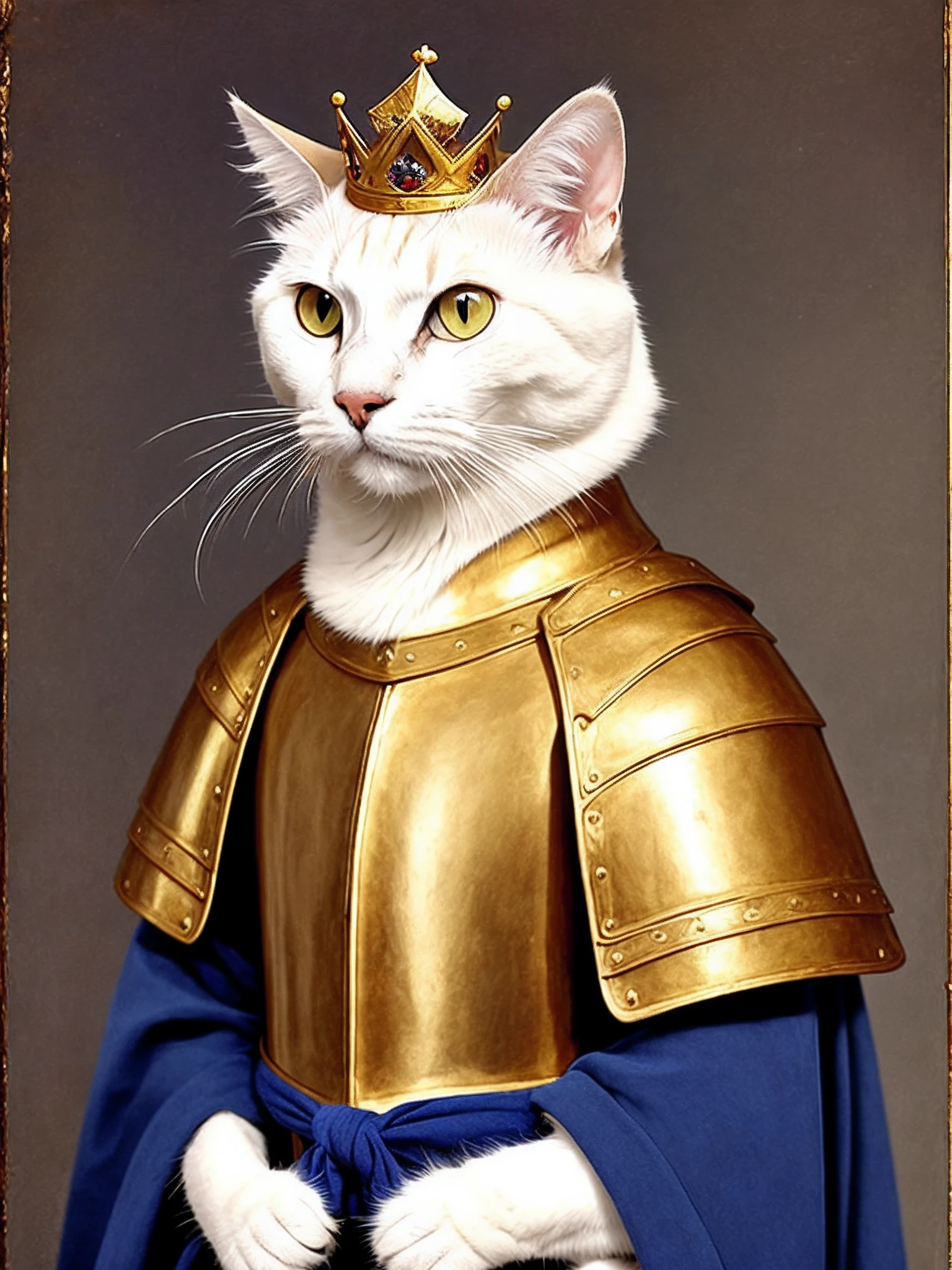 High Quality photo of a Anthropomorphic white cat dressed in golden armour, highly detailed, detailed fur
