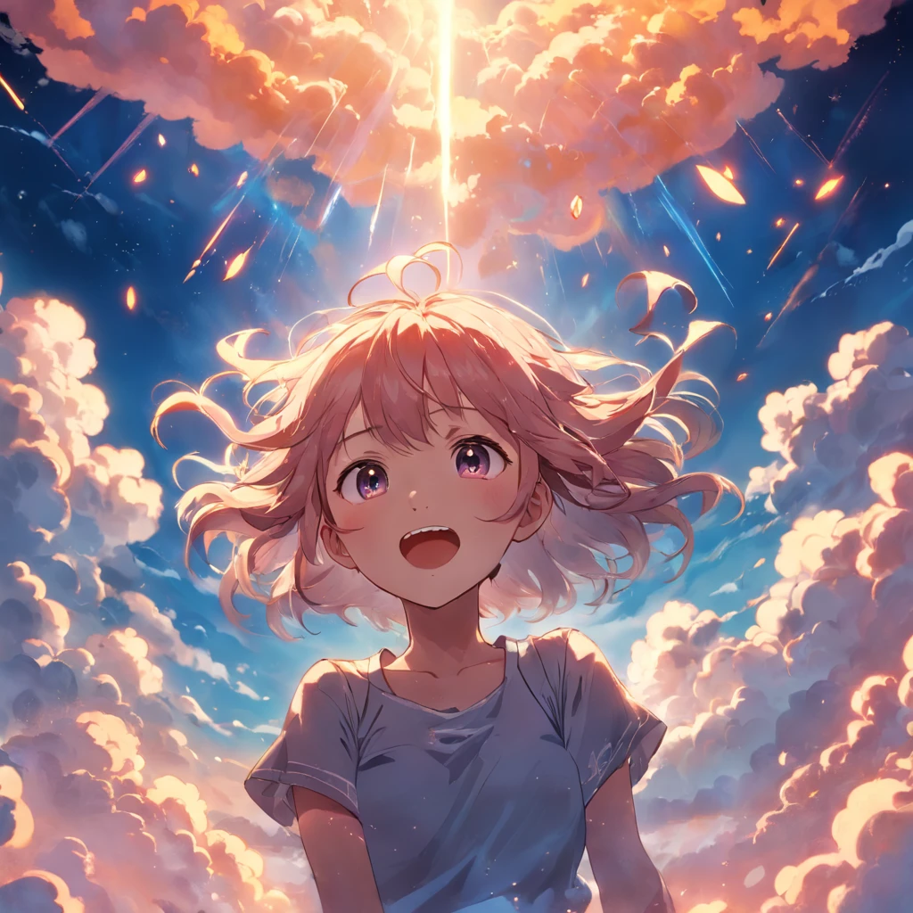 masterpiece, best quality, movie still, 1girl, cloud girl, floating in the sky, close-up, bright, happy, warm soft lighting, sunset, (sparks:0.7)