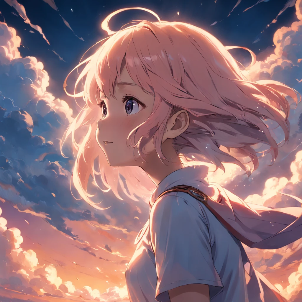 masterpiece, best quality, movie still, 1girl, cloud girl, floating in the sky, close-up, bright, happy, warm soft lighting, sunset, (sparks:0.7)