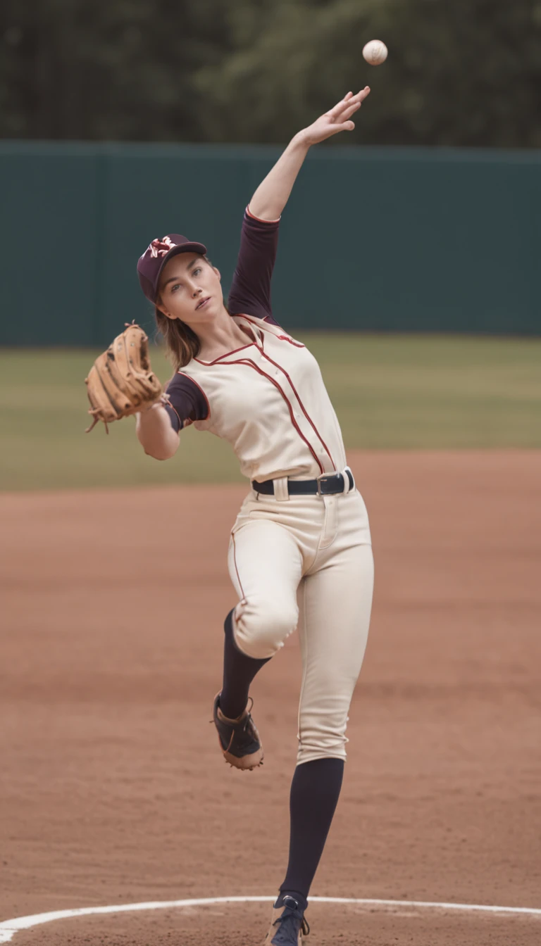Masterpiece, (watercolor:1.3), (short stack:1.1), forward facing, eyes on camera, serious expression, (action shot:1.4) , (upper body strength:1.3), contrapposto (tattoo:1), softball pitcher, auburn hair, green eyes, (string bikini:1), pitching a softball at viewer, (focus on softball in foreground:1.4), sunny, natural lighting, High definition, excellent resolution, excellent quality, insane detail, semi realistic, postprocessed, crisp face, facial features, extremely detailed, facial features