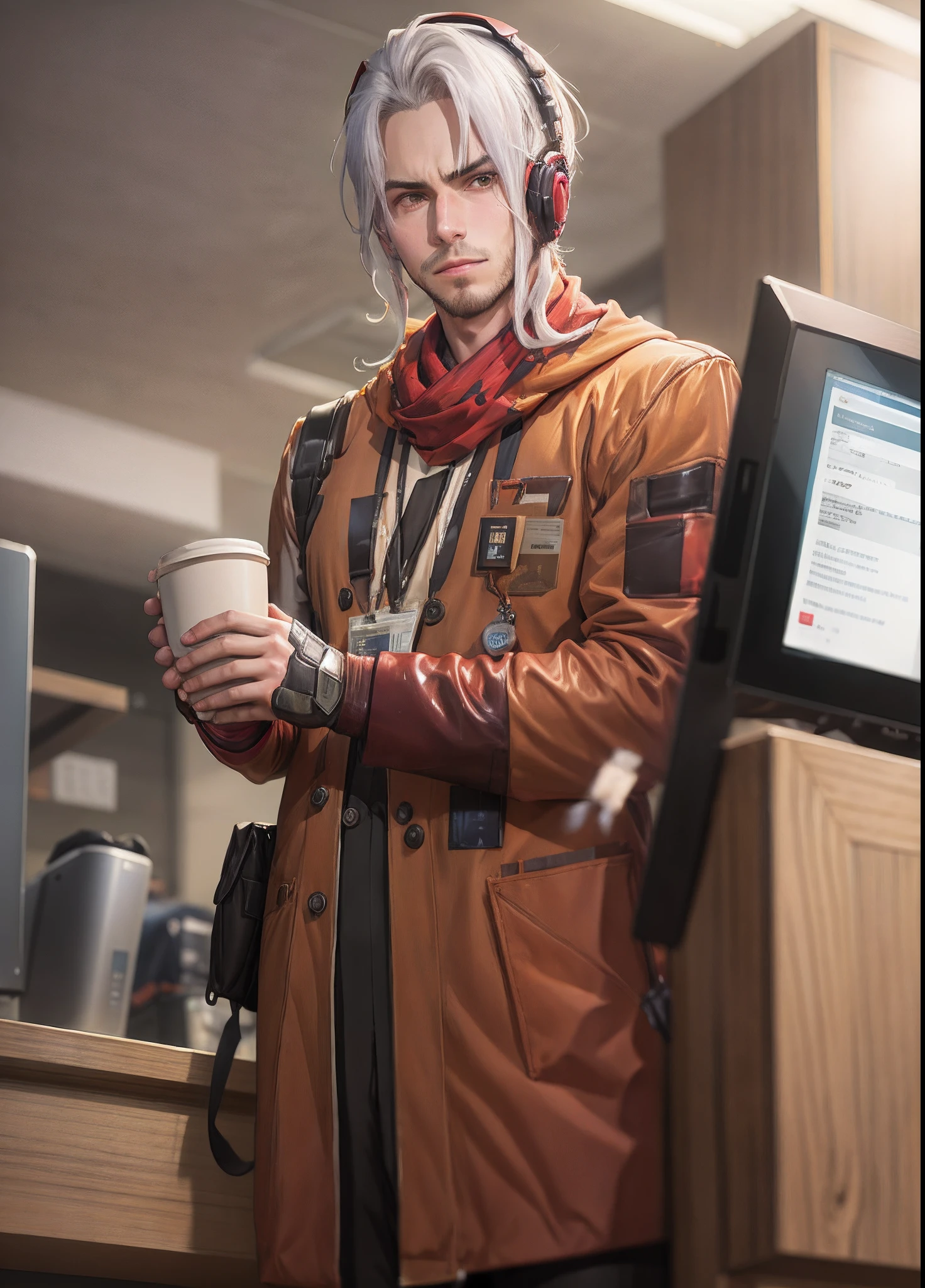 guy holding coffee , front desk