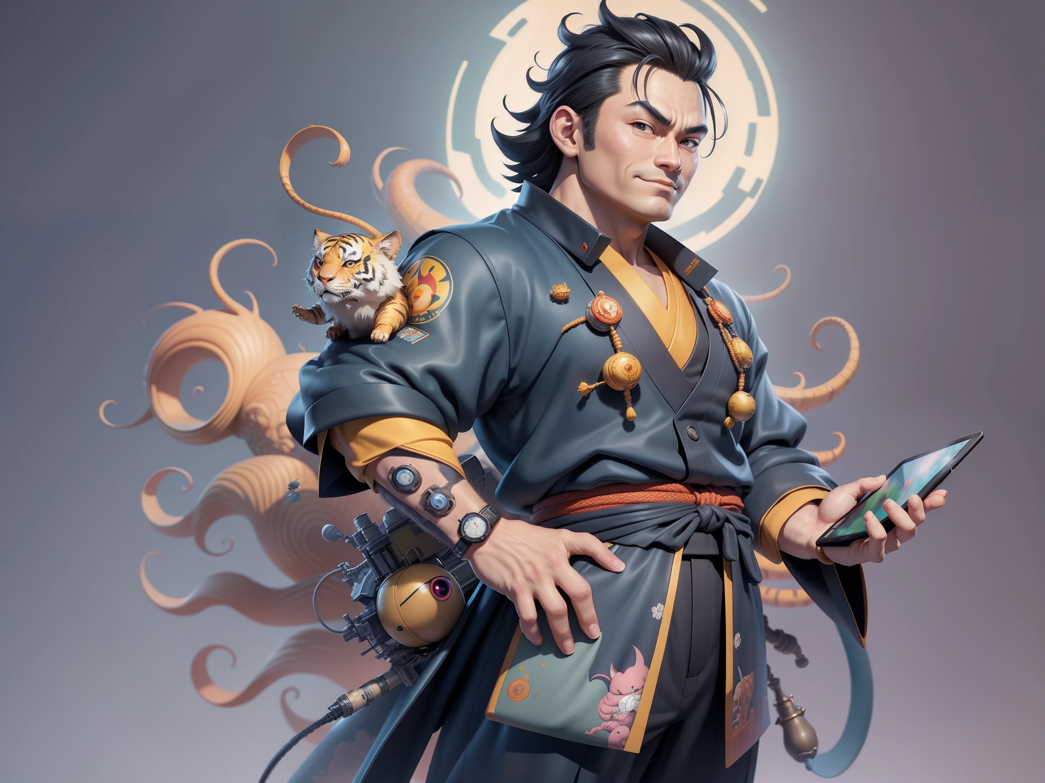 (Masterpiece), (Excellent), (Super Meticulous), (Full Body: 1.2), Super Young Man, Oriental Face, Japanese Kimono, Japanese Wind Thunder God, Dragon, Tiger, TV Anchor, Bust Portrait Illustration, Alone, Black Suit, Blue Tie, Slightly Chubby Face, Very Clean Face, No Beard, Black Super Short Hair, Black Eyes, Confident Smile, 3c Computer Sub-Products, iPad, iPhone, Digital Painting, 3D Character Design by Akira Toriyama and Mark Claireden and Pixar and Hayao Miyazaki, The illustration is a high-definition illustration in 4K resolution with very detailed facial features and cartoon-style visuals.