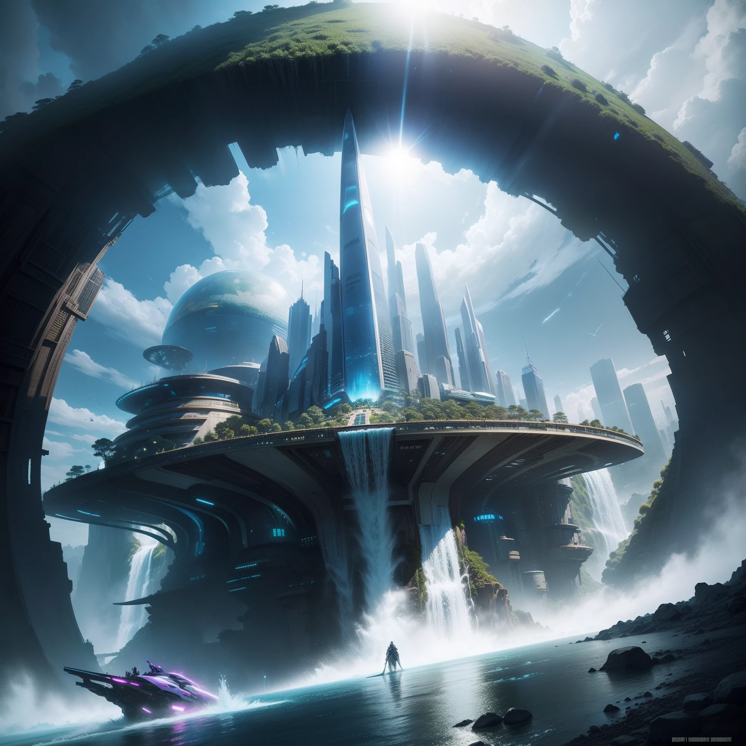 cyberpunked　Epcot　Huge city　Huge skyscraper　Futuristic cities　top-quality　​masterpiece　超A high resolution　dream　planet earth　huge waterfall