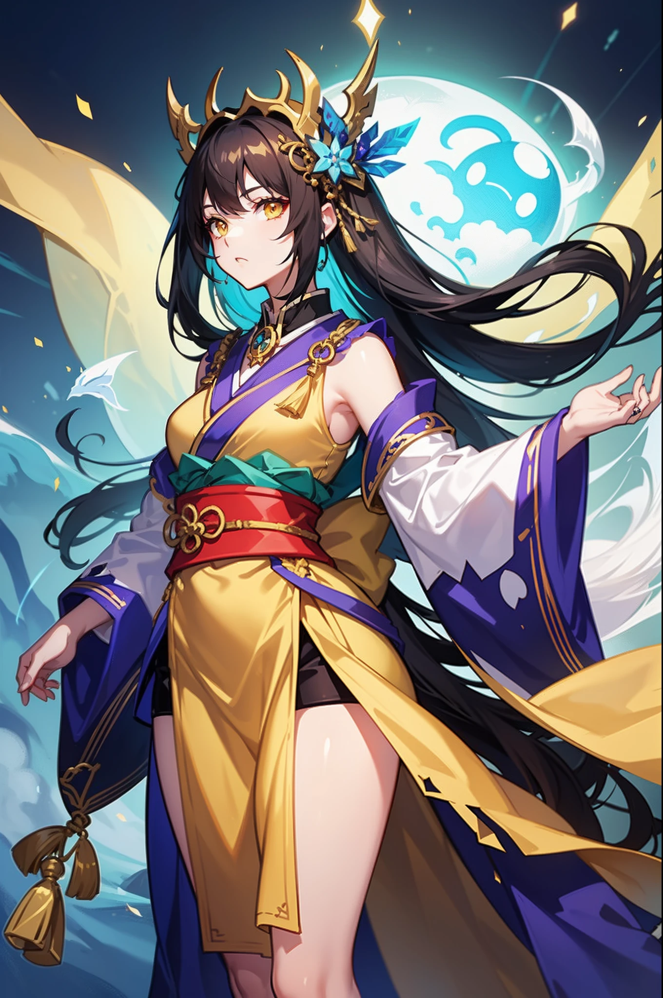 (league of legend female character, hyper league of legend art style), female Onmyoji caster, ((perfect quality Onmyoji outfit, talisman on head, collar, hairpin, japanese style, yellow cloth belt, silk)), ((random hair style, random pupil, random make up, slim body shape)), (heavy ghost aura, ghost wolrd effect), (masterpieces, fantasy world, hyper resolution), spirital background