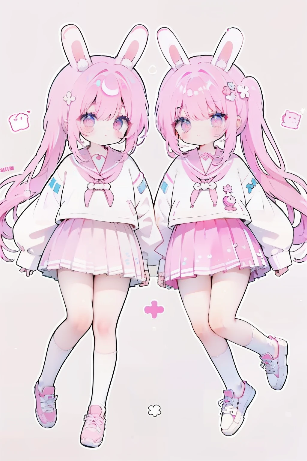 Kizi，Long white rabbit ears，Pink hair，Double ponytail， Pink sailor suit， White socks，sneaker