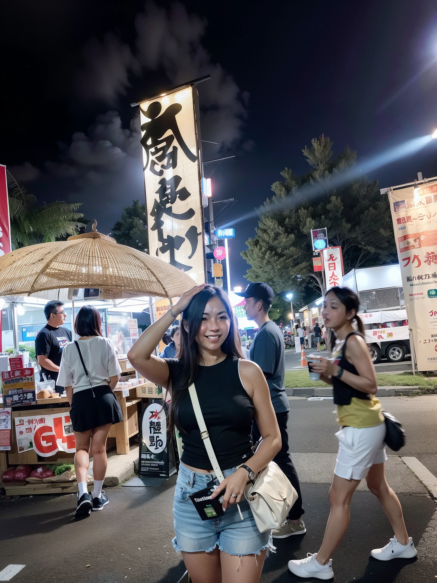there is a woman standing in front of a food stand at night, summer festival night, with street food stalls, in a japanese town at night, captured on iphone, taken with sigma 2 0 mm f 1. 4, festival vibes, having a good time, shot with iphone 1 0, ((oversaturated)), nighttime!!, 🔞🤡