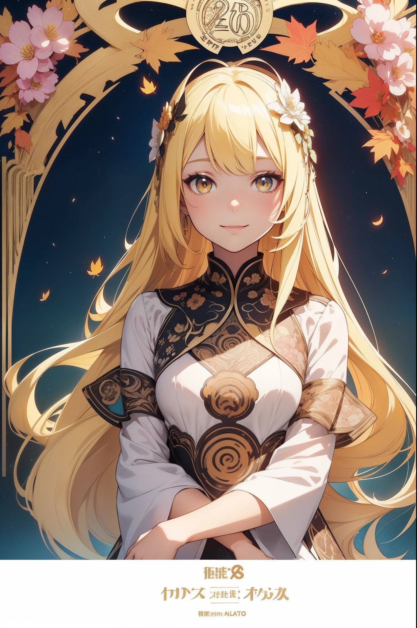 (masutepiece), (Best Quality), (White background:1.4),(Silhouette of a girl's head, Happy smiling face, Looking to the Viewer, Colorful long straight hair, Contemporary Girl),(Big yellow crystal eyes), (Long Platina Blonde Straight Hair:1.5), (Art Nouveau illustration:2.0,paper art:1.3),(Reasonable design, Clear lines, High Sharpness,Best Quality, Very detailed, masterpiece, Movie Light Effects, 8K ), Autumn air, Autumn flowers and leaves, (3D), Colorful, Falling soft sun rays, Happy, (zen tangle art:1.2)