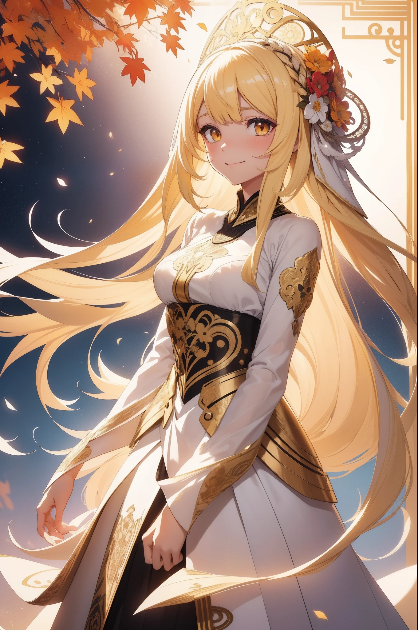(masutepiece), (Best Quality), (White background:1.4),(Silhouette of a girl's head, Happy smiling face, Looking to the Viewer, Colorful long straight hair, Contemporary Girl)，(Big yellow crystal eyes), (Long Platina Blonde Straight Hair:1.5), (Art Nouveau illustration:2.0，paper art:1.3),(Reasonable design, Clear lines, High Sharpness,Best Quality, Very detailed, masterpiece, Movie Light Effects, 8K ), Autumn air, Autumn flowers and leaves, (3D), Colorful, Falling soft sun rays, Happy, (zen tangle art:1.2)