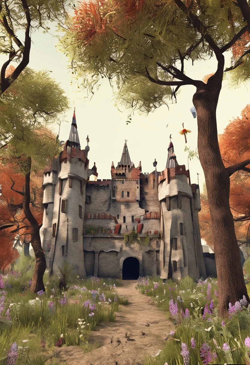 Medieval castles and territories,There are houses and trees in the territory,western-styled building,Houses on both sides,The castle is on the north side,The center is the stadium and the mall,It is surrounded by grass and trees,Summer is coming,People are small in front of the building,But people are happy。