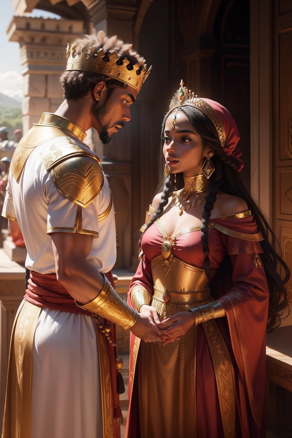 Write a dialogue between Queen Makeda and King Solomon as they meet for the first time. Explore their initial impressions of each other and the cultural differences they navigate.