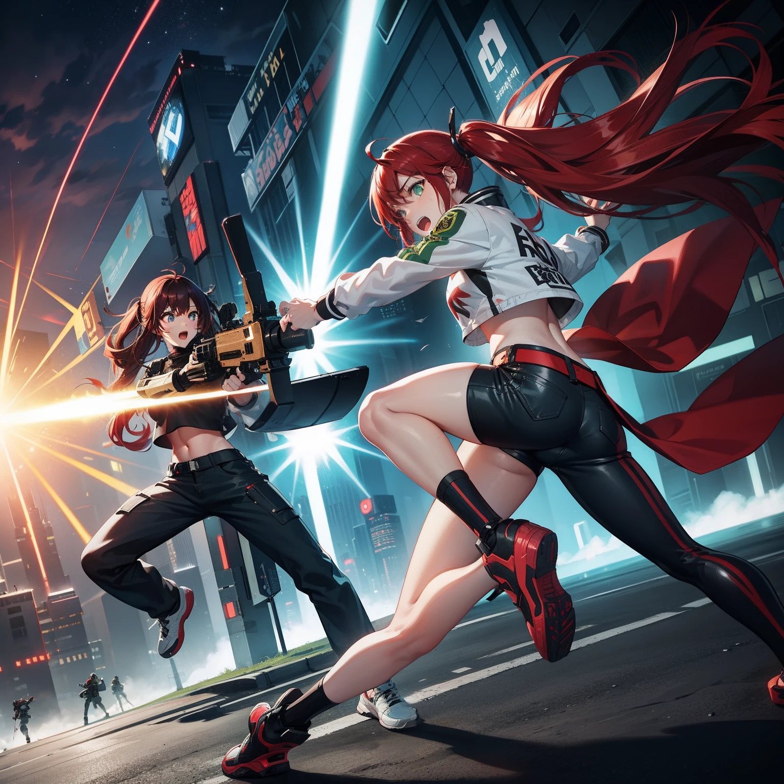 Full body shot, female asian Irina Shidou red hair twintails green eyes, in a cyberpunk city, wearing a bomber jacket and crop top and denim shorts, standing next to a Nissan GT-R, holding a big machine gun, holding a long laser rifle, shooting laser rifle, shooting lasers up at the sky, missile strike, rocket launch, rapid fire, explosions, running and jumping, open mouth, screaming, frontal shot, side shot, rear shot, back shot, behind shot, masterpiece, highly detailed