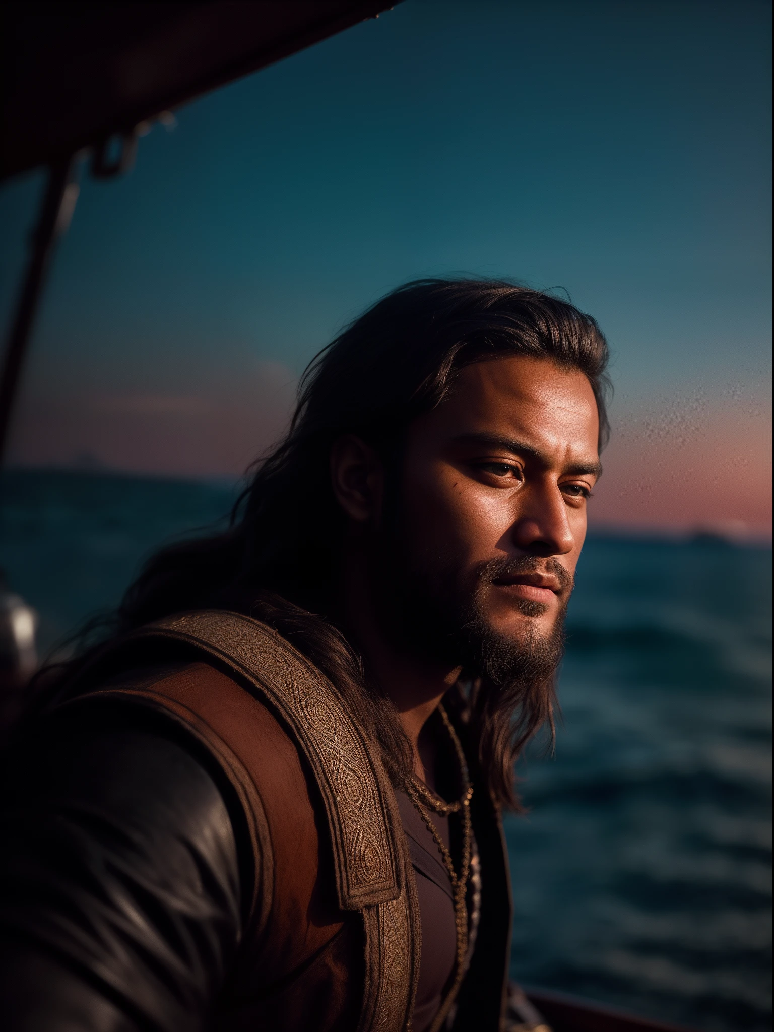 Realistic 16k image of Shakib al hasan as Ragnar Lothbrok (with black hair) onboard a viking longship, ((low angle hero shot)), (Upper body closeup), show Shakib as Ragnar navigating treacherous waters, Shakib al hasan as Ragnar is navigating his crew, show Shakib al hasan commanding the ship crew, this scene will be dark and scary, highlighting Shakib al hasan sailing on treacherous waters, dark tones with moonlit seas, dark and intimidating atmosphere like Viking series colour tone, ((sharp focus on portrait)), (balanced composition), high quality and realistic image, cinematic style, ((Best quality, 8k, Masterpiece), rough face, detailed skin, masterpiece, professional photography, (high detail:1 1), natural skin, (detailed face and eyes), (face: 1 2), noise, real photo, film photography, high resolution, 8k, realistic, 8k UHD, SLR camera, high quality, film grain, (Fujifilm X-T20, Fujifilm Fujinon XF 50mm f/2 R WR lens, Lens focal Length 50mm, Shutter speed 1/300 sec, APERTURE: 2, ISO: 80), volumetric lighting, dark background, dark fantasy, highly detailed, sharp focus, shallow depth of field, bokeh, blurry background, high contrast, contrast lighting, (dim colours), exposure blend, (dusty:1.3)