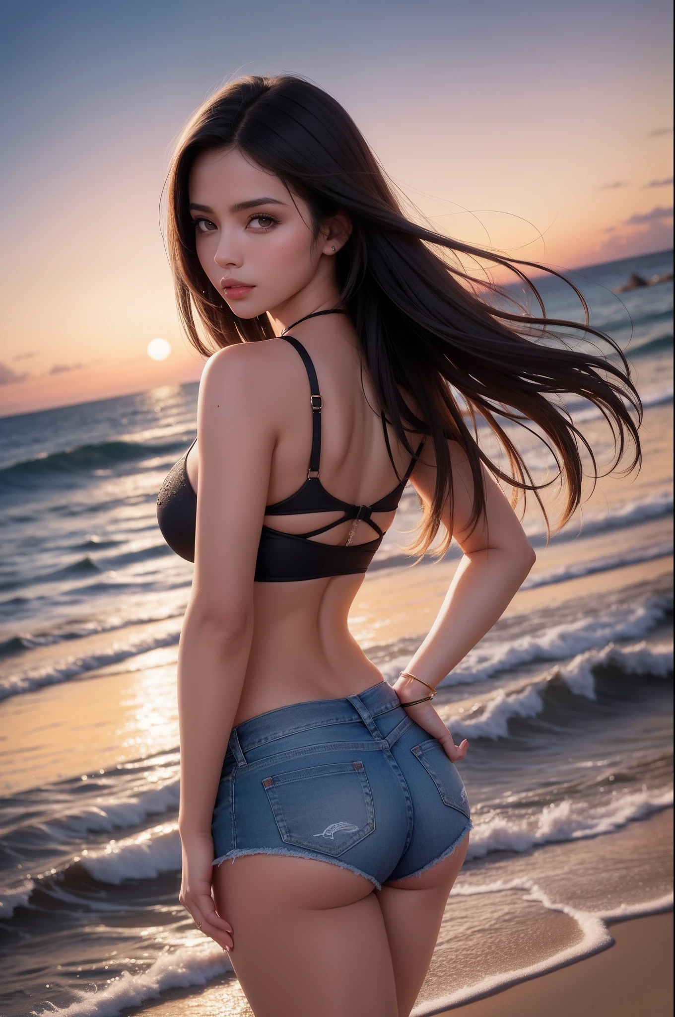 Draw a picture, (photorealistic:1.4), (hyperrealistic:1.4), (realistic:1.3), (smoother ((tropical sunset)) lighting:1.1), (increase Fujicolor quality:0.9), (absurd: 1.3), (best quality), ((ultra sharp)), RAW photo of (phenomenal model, 20 years old), (ultra detailed, hyper realistic, ultra realistic, 8K, ultra highres), realistic lighting, backlighting, light on face, ray trace, (brightening light:1.2), (Increase quality:1.4), (best quality real texture skin:1.2), velvety (tanned skin), (finely detailed eyes, finely detailed face, finely quality eyes),(I encourage you to choose a subdued and perfectly coordinated background for your phenomenal, diverse random creation)、(Use any technique of combining materials、natural, ((very, very scantily dressed:1.2)), (silk, nylon), (cloth), chain, any outfit, dress, (skirt), croop top, tanktop, (swimsuit)), ((choose eyes color))、((very delicate and beautiful、fine details:1.2)), ((looking at viewer)), slim, well-muscled body, (small ass), very detailed hair, ((light black (braided ponytail, hair slicked to the two side), extremely detailed)), (wind in your hair), (Increase skin texture beauty:1.1), (summer, tropical beach, ocean, palm tree, rock, (minimalist clothing provocative style: 1.22), full breasts:1.3, ((in water, sexy pose)), ((narrow waist)), ((from behind)), (dynamic pose), wet body, wet hair