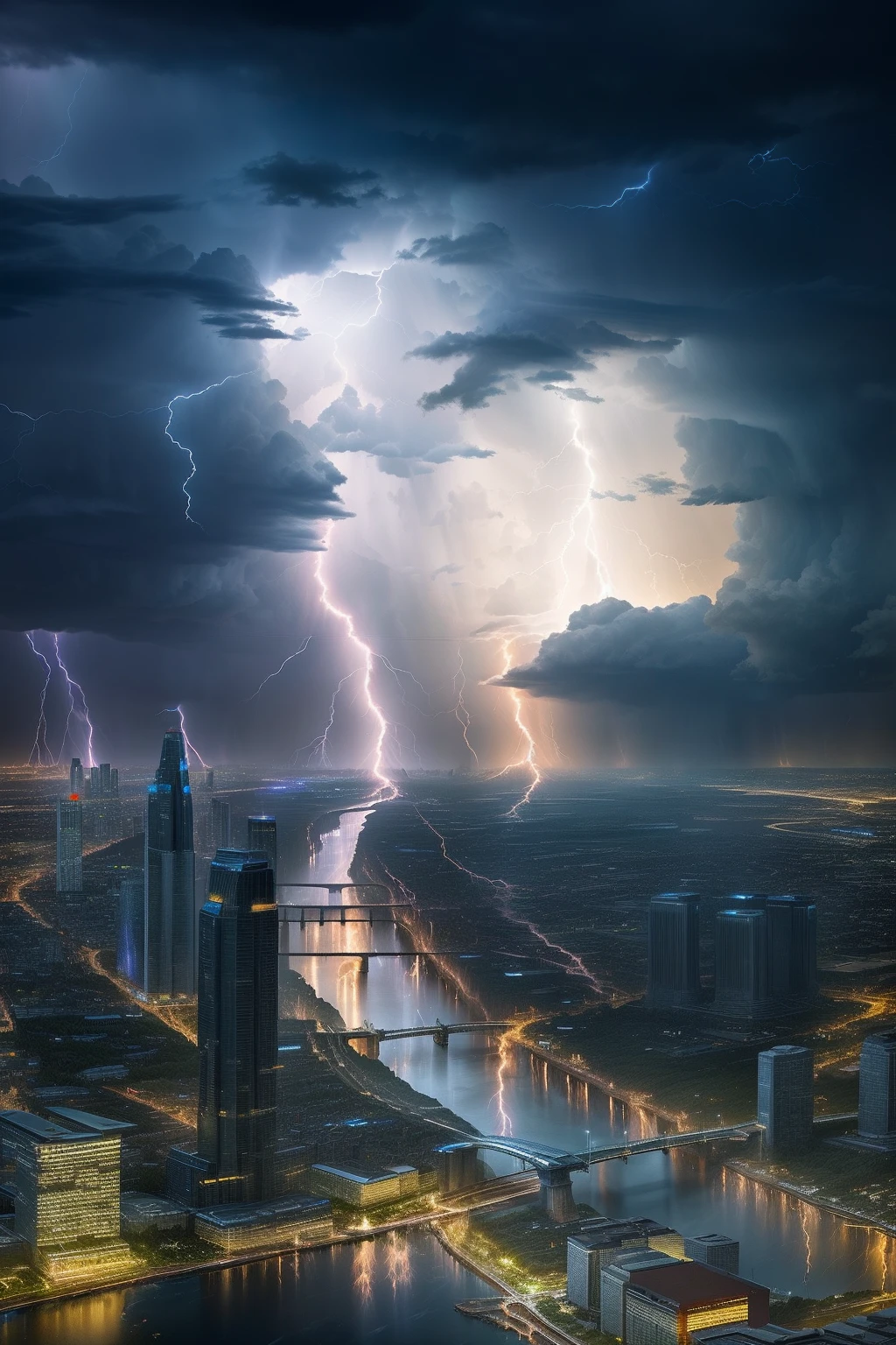 (Surreal)、(hight resolution)、(8K)、 (ighly detailed)、(top-quality、masterpiece:1.3)、the met、highrise buildings、natta、dark sky、cumulonimbus clouds、(Many lightning bolts)、From a bird's-eye view