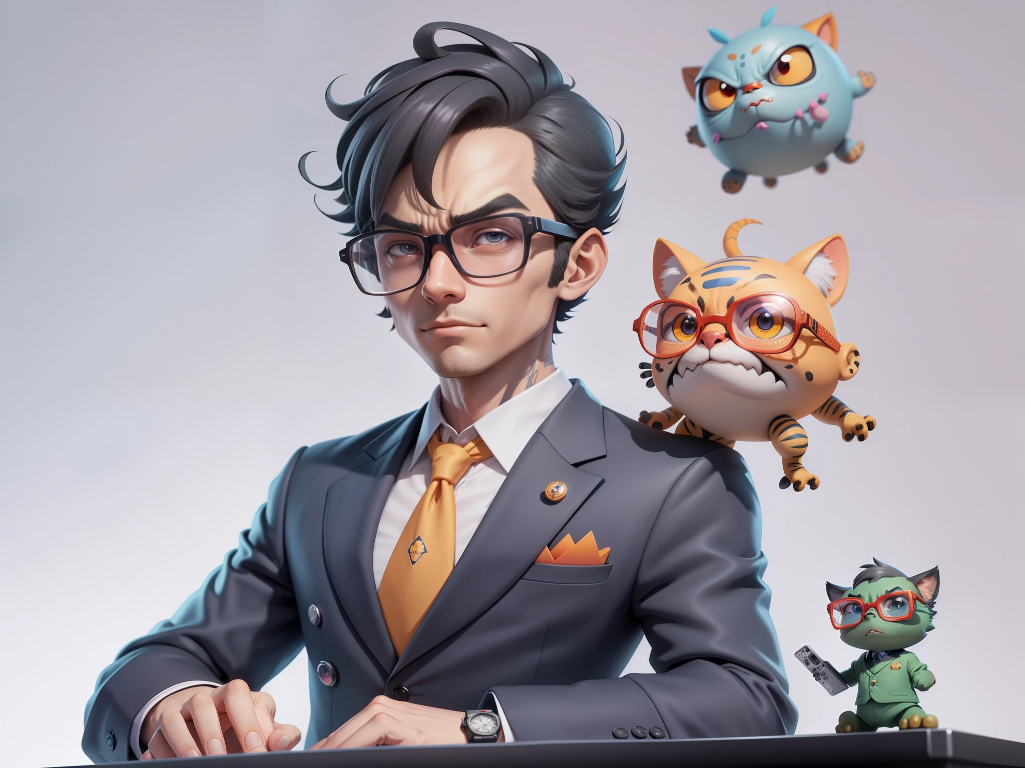 A young man in a suit, Short hair and glasses sat at his desk,holding laptop,digitial painting,tigre,3D character design by Mark Clairen and Pixar and Hayao Miyazaki and Akira Toriyama,4K HD illustration,Very detailed facial features and cartoon-style visuals。