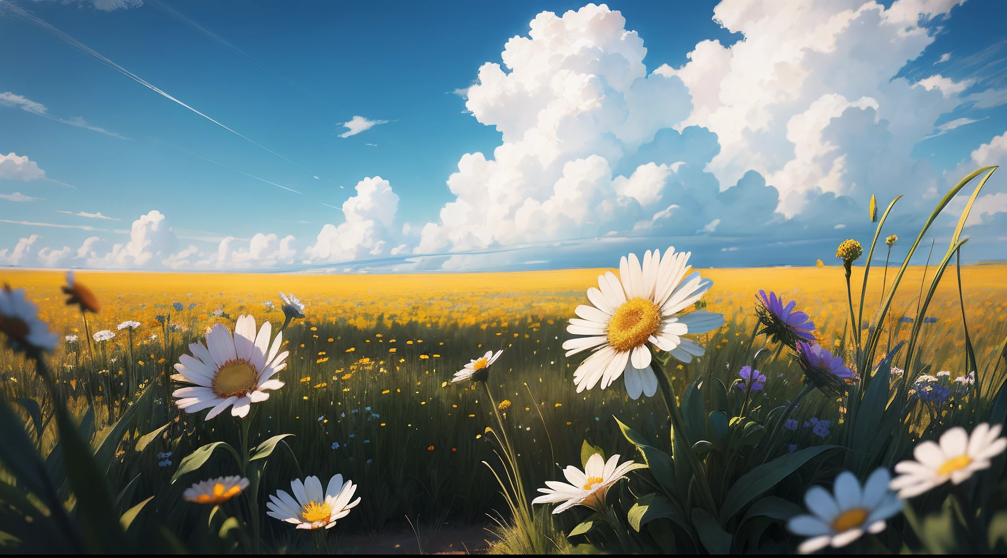 Summer prairie, meadow, few small flowers, large clouds, blue sky, hot weather, HD detail, hyper-detail, cinematic, surrealism, soft light, deep field focus bokeh, ray tracing, and surrealism. --v 6