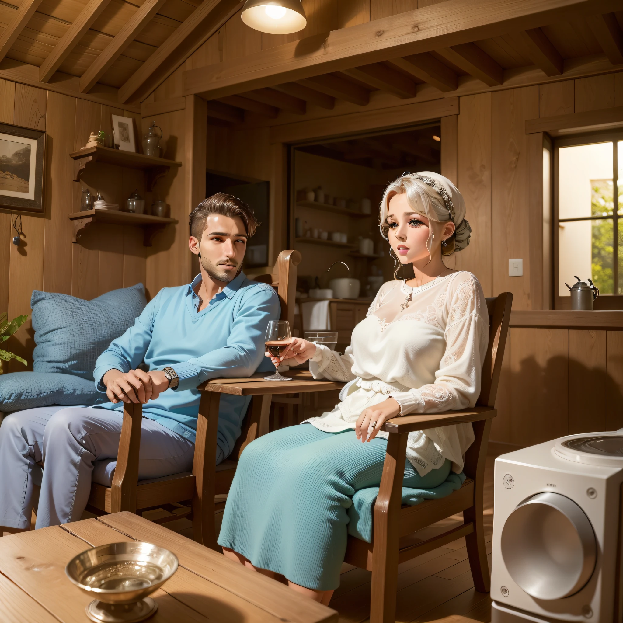 casal de idosos sentados em poltronas em uma casa de campo aconchegante, elegantes, bem vestidos, bonitos, ele olha para ela, apaixonado, muitos detalhes, alta qualidade